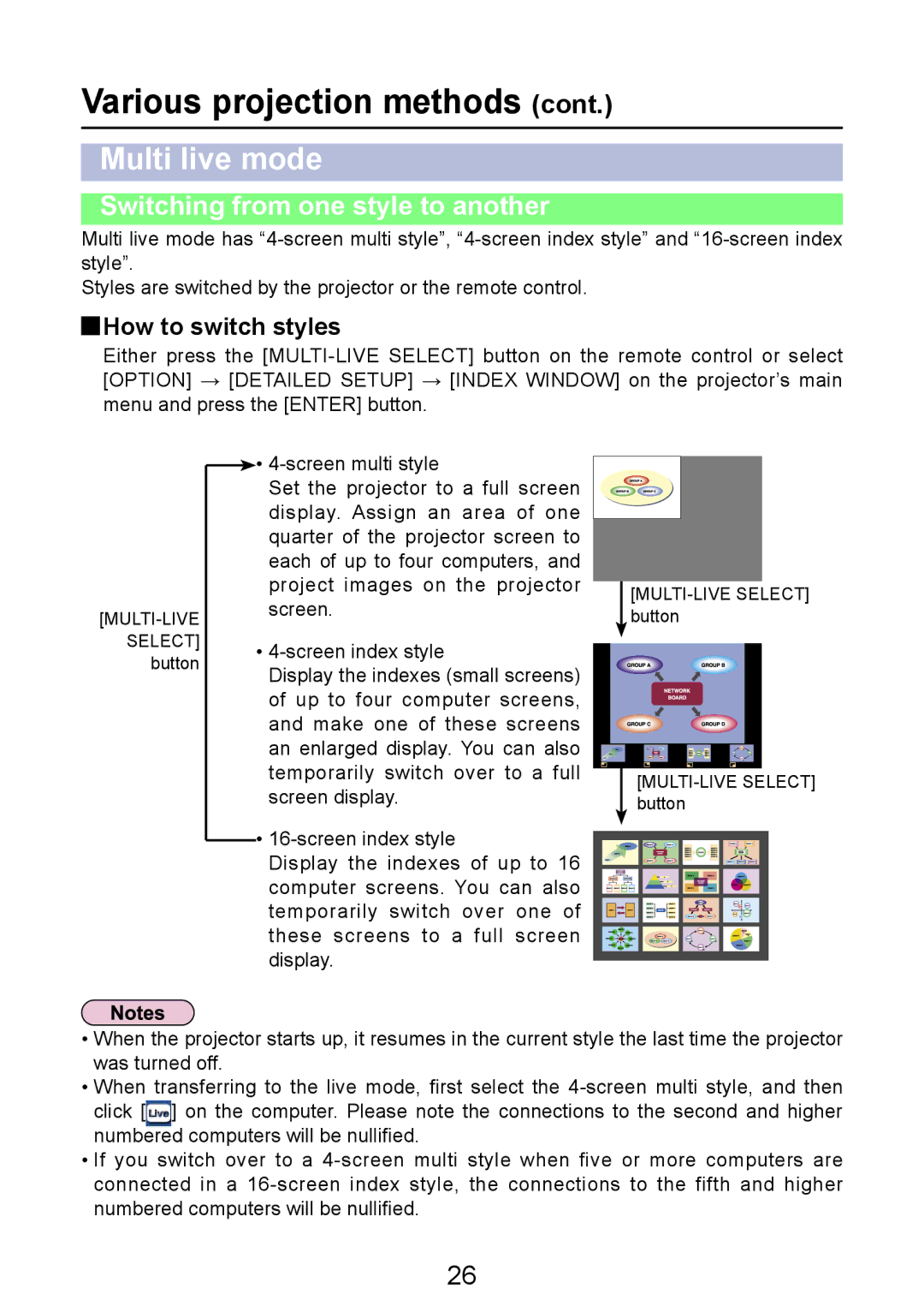 Panasonic PT-LB50NTE manual Multi live mode, Switching from one style to another, How to switch styles 