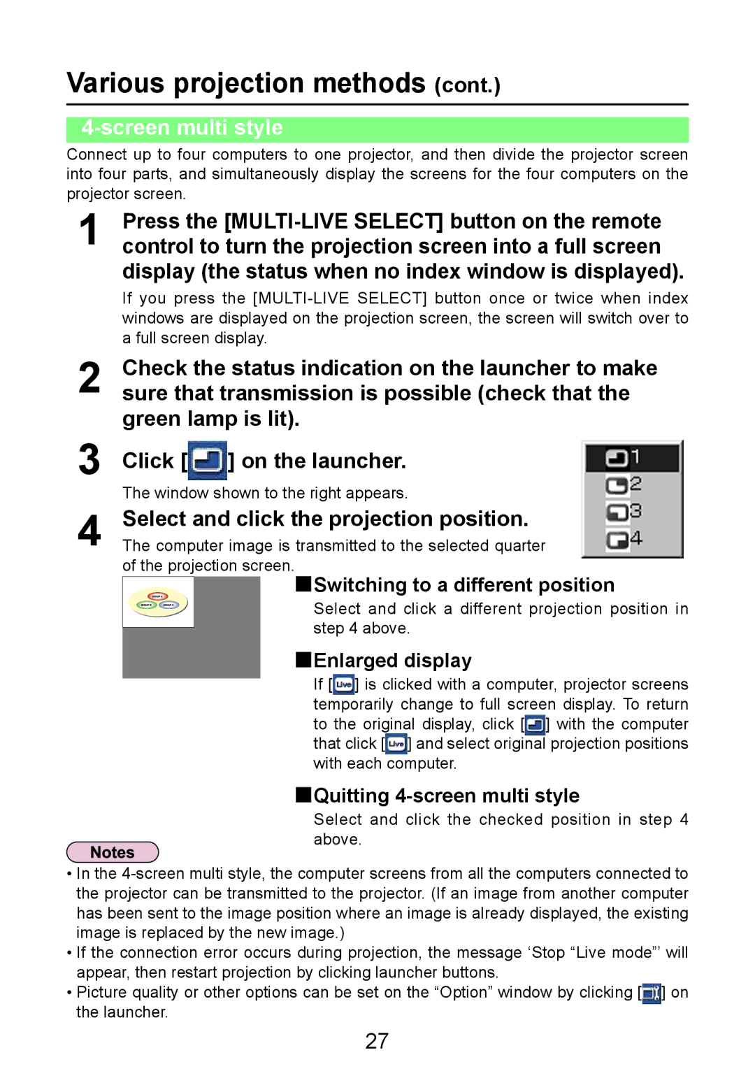 Panasonic PT-LB50NTE manual Screen multi style, Display the status when no index window is displayed, Enlarged display 