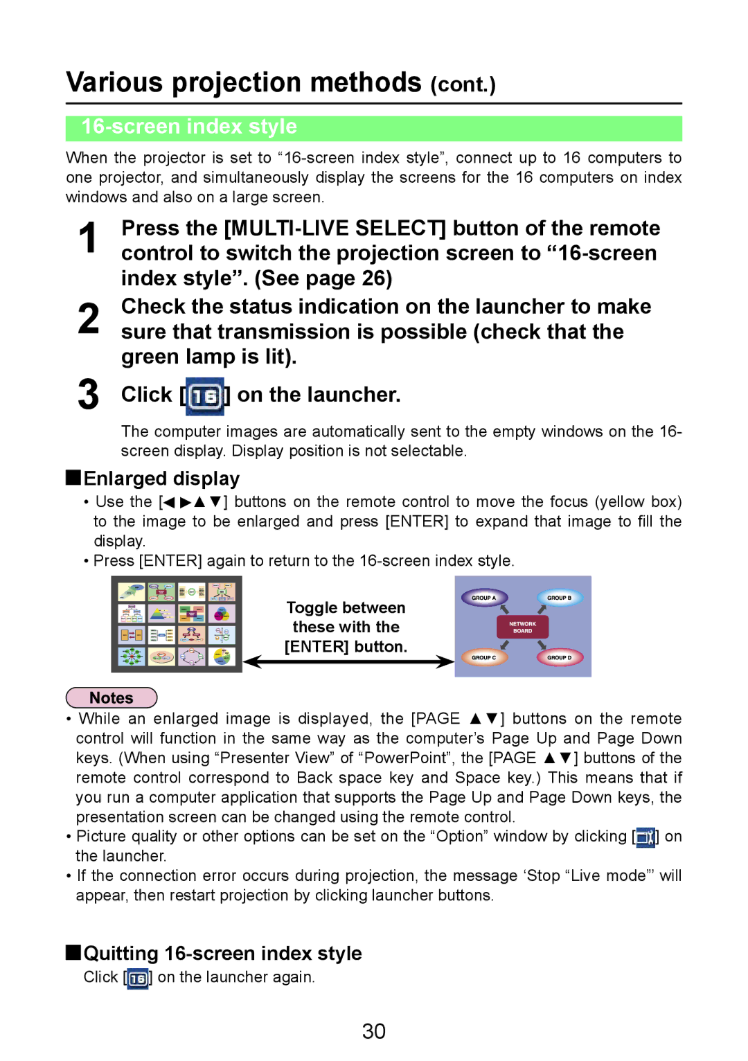 Panasonic PT-LB50NTE manual Quitting 16-screen index style, Toggle between These with Enter button 