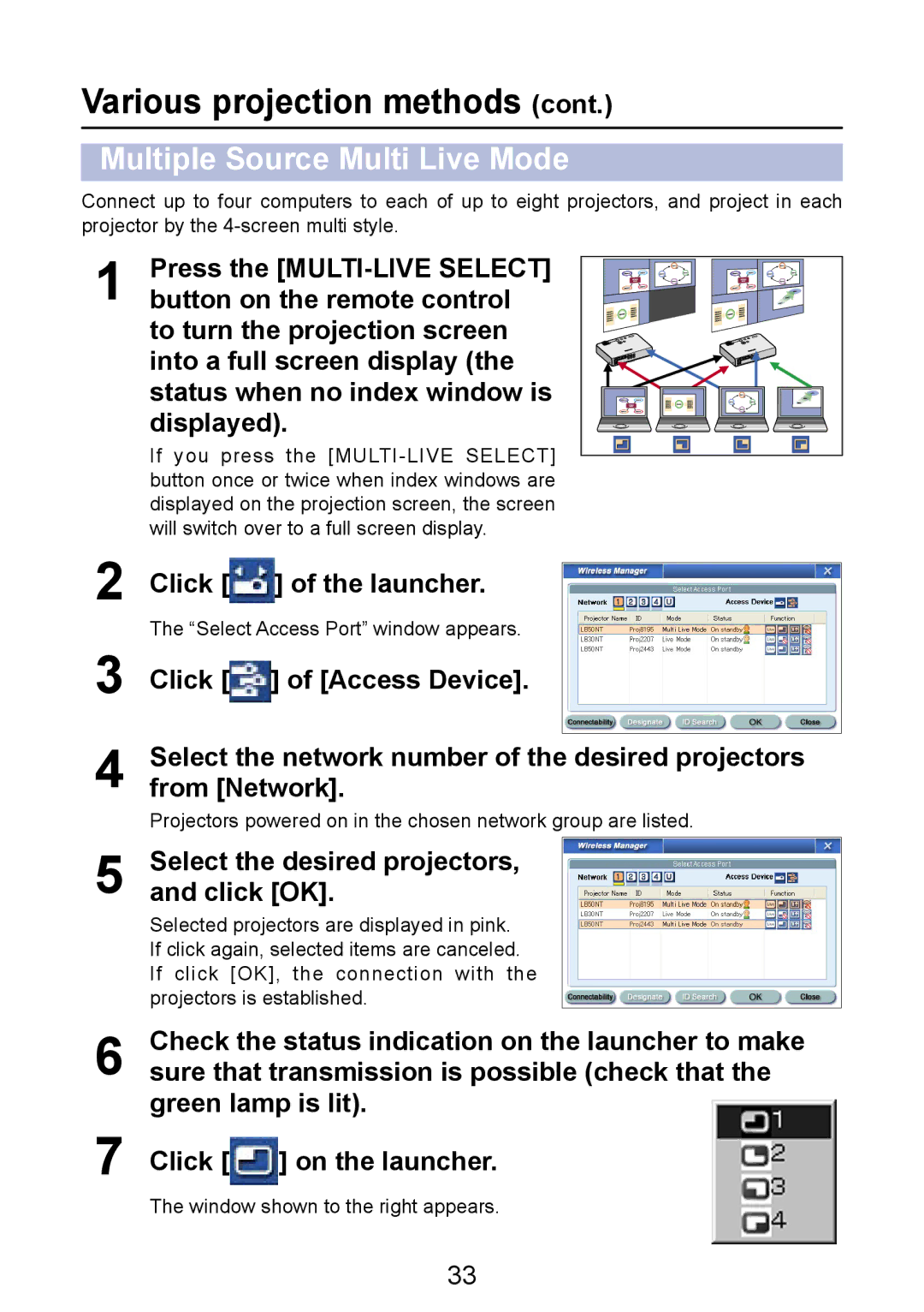 Panasonic PT-LB50NTE manual Multiple Source Multi Live Mode, Button on the remote control, Press the MULTI-LIVE Select 