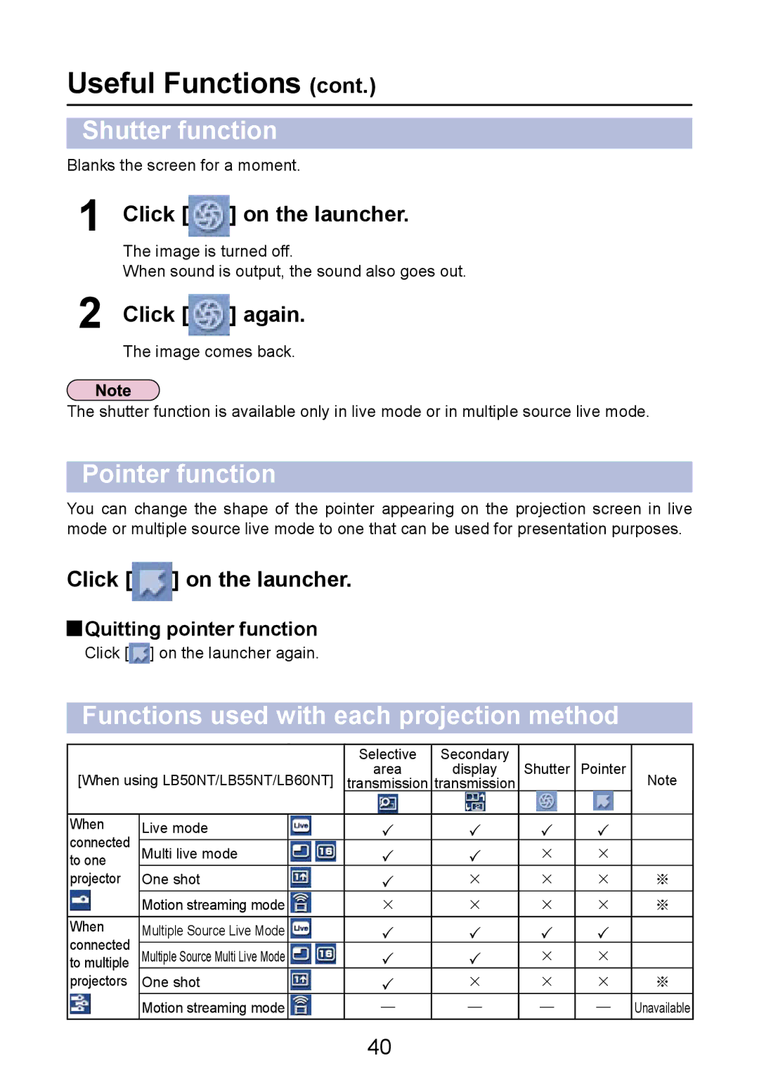 Panasonic PT-LB50NTE manual Shutter function, Pointer function, Functions used with each projection method, Click again 