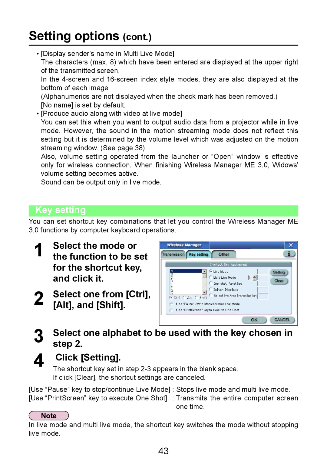 Panasonic PT-LB50NTE manual Setting options, Key setting 