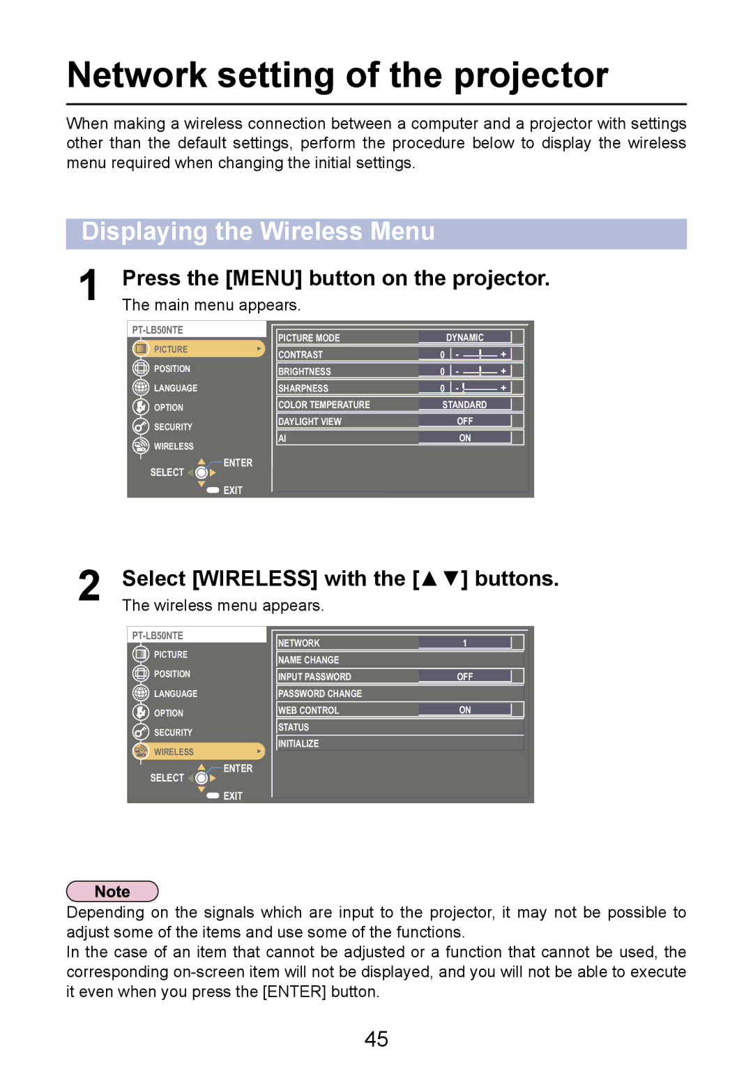 Panasonic PT-LB50NTE Network setting of the projector, Displaying the Wireless Menu, Select Wireless with the buttons 