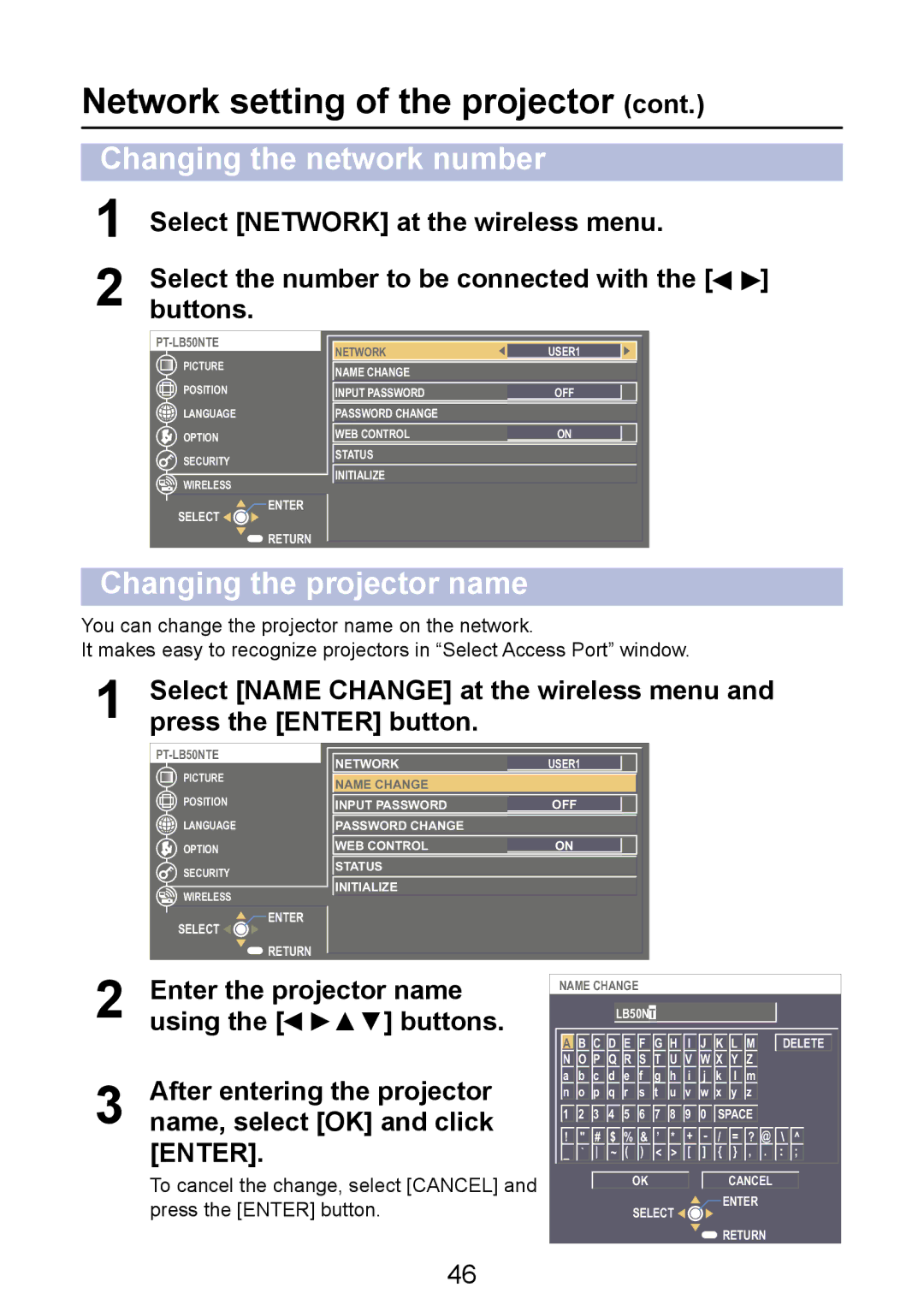 Panasonic PT-LB50NTE manual Network setting of the projector, Changing the network number, Changing the projector name 