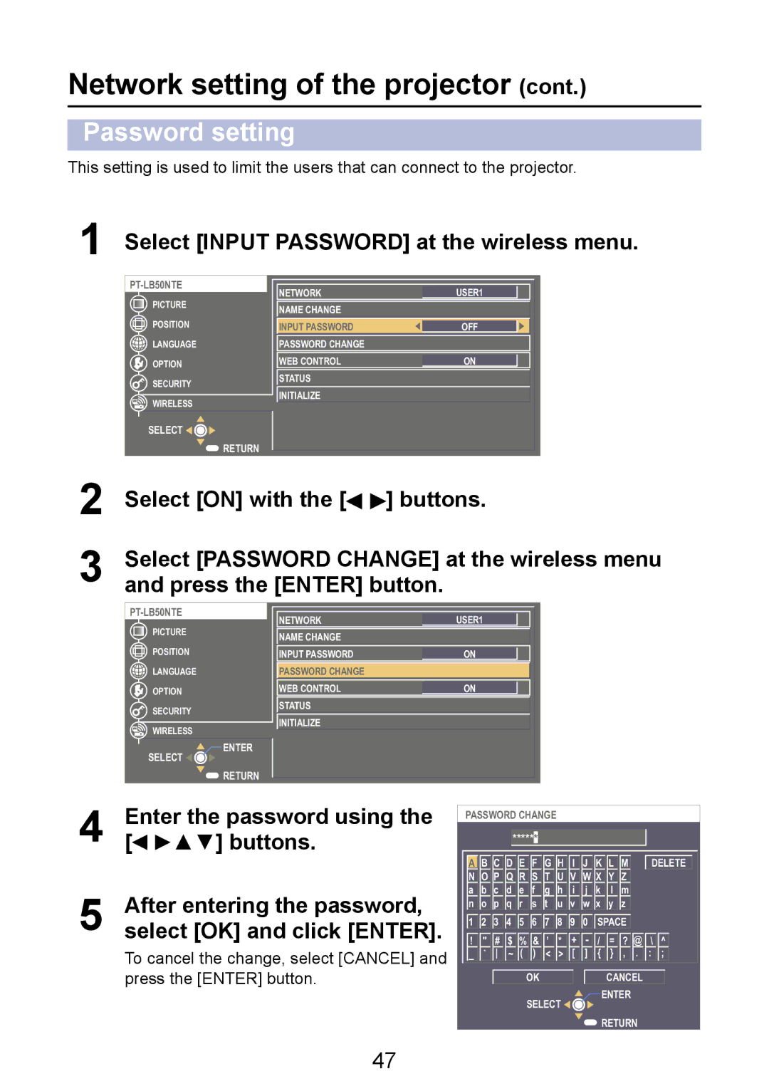 Panasonic PT-LB50NTE manual Password setting, Select Input Password at the wireless menu 