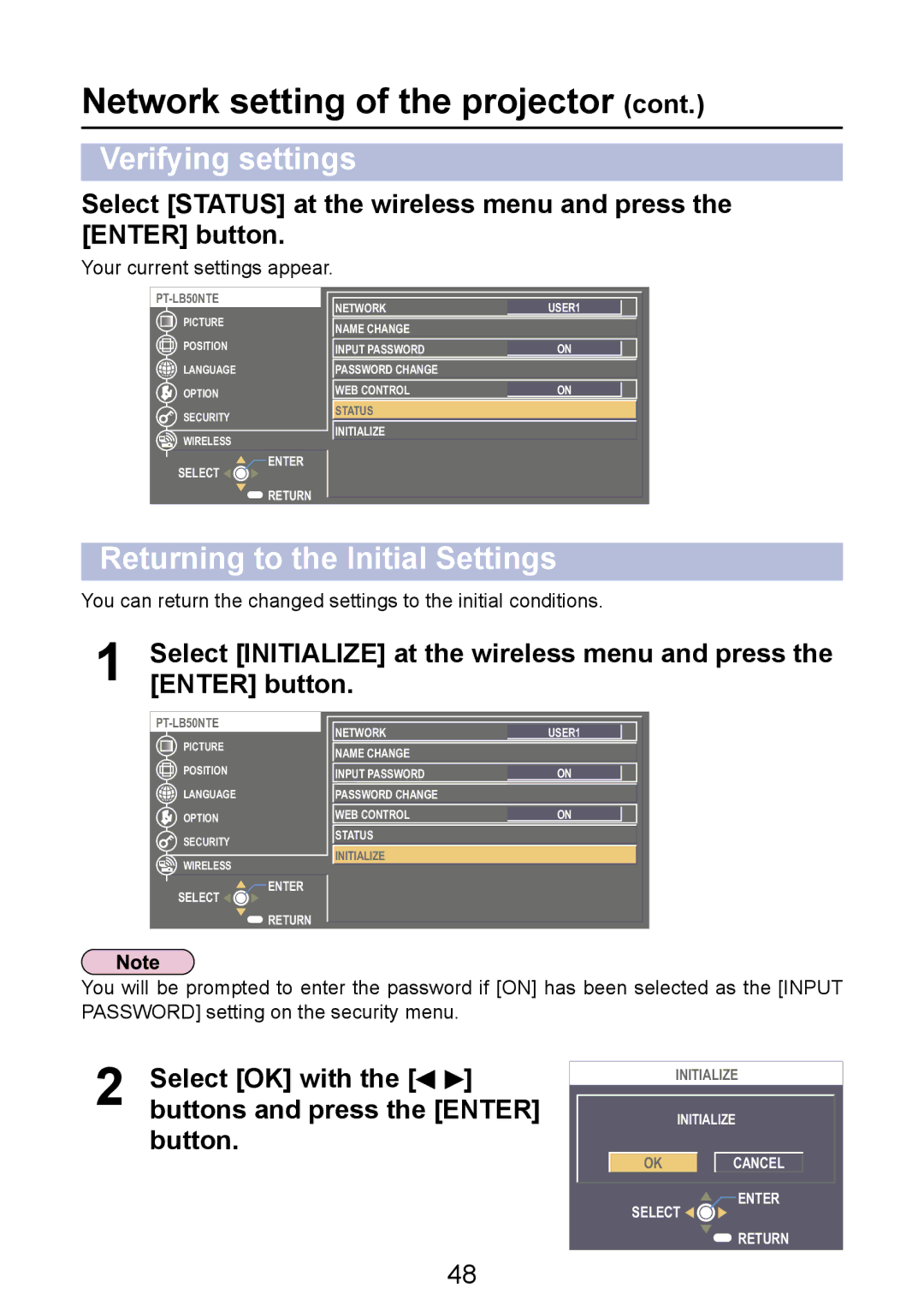 Panasonic PT-LB50NTE manual Verifying settings, Returning to the Initial Settings 