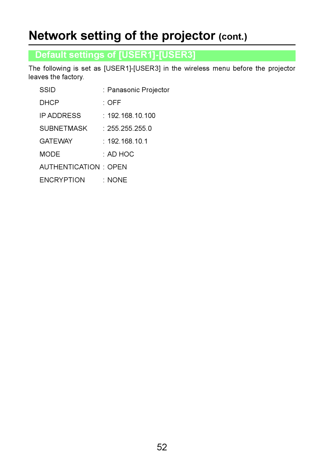 Panasonic PT-LB50NTE manual Default settings of USER1-USER3 