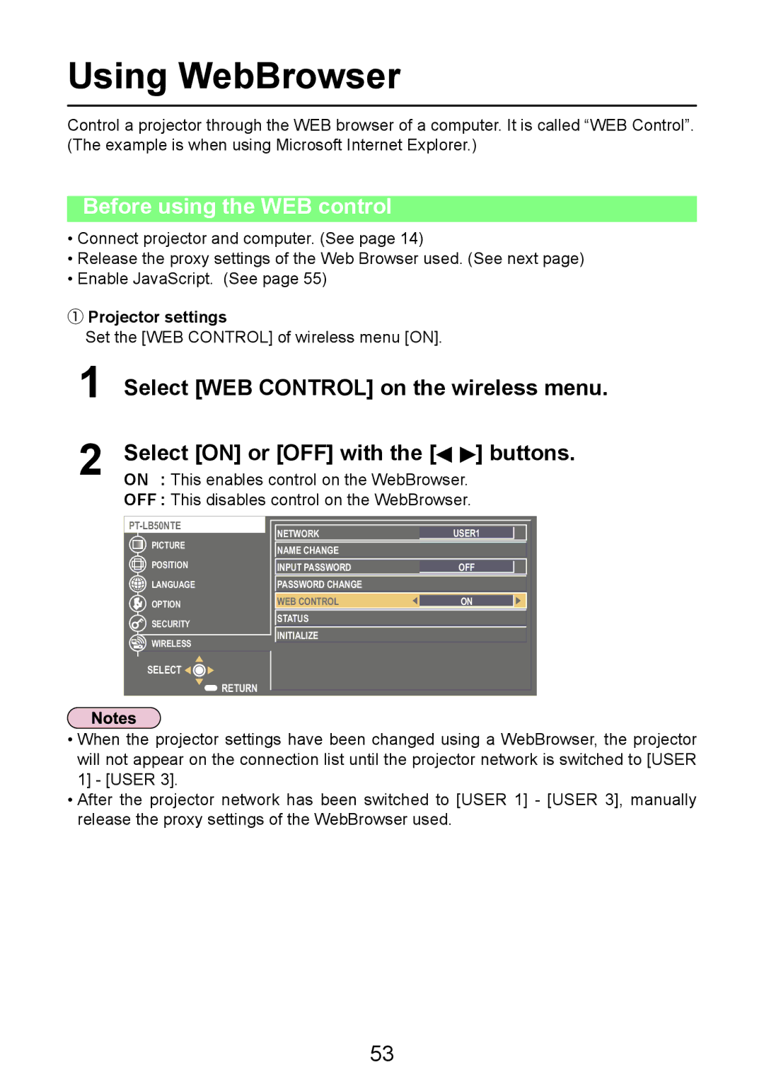 Panasonic PT-LB50NTE manual Using WebBrowser, Before using the WEB control 