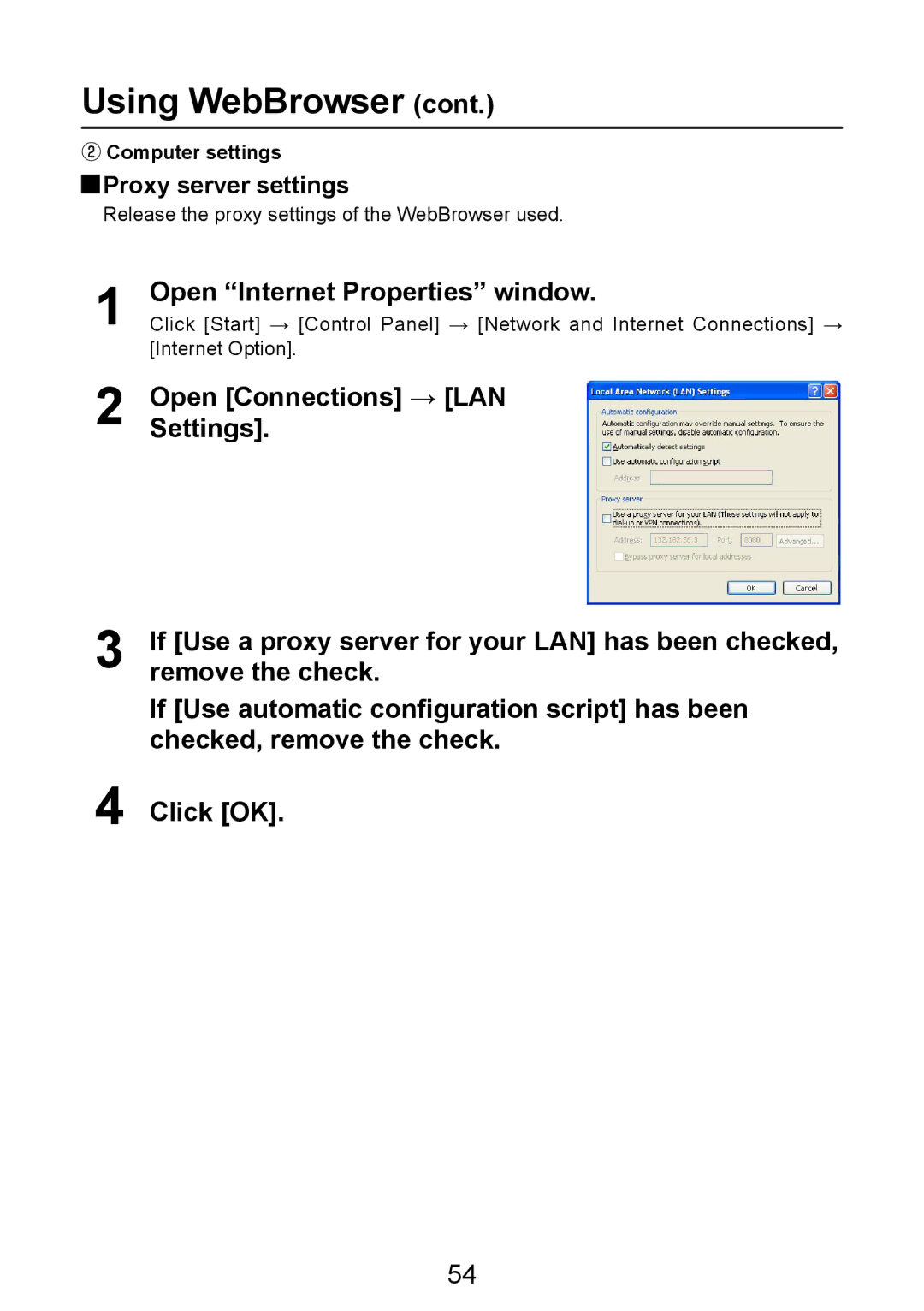 Panasonic PT-LB50NTE manual Using WebBrowser, Open Internet Properties window, Proxy server settings 