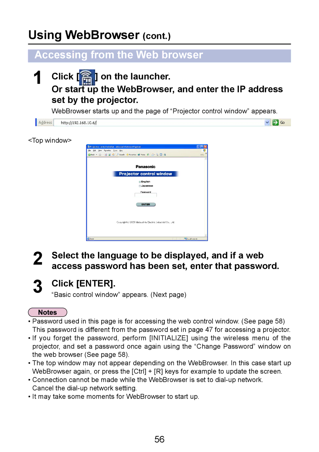 Panasonic PT-LB50NTE manual Accessing from the Web browser, Basic control window appears. Next 