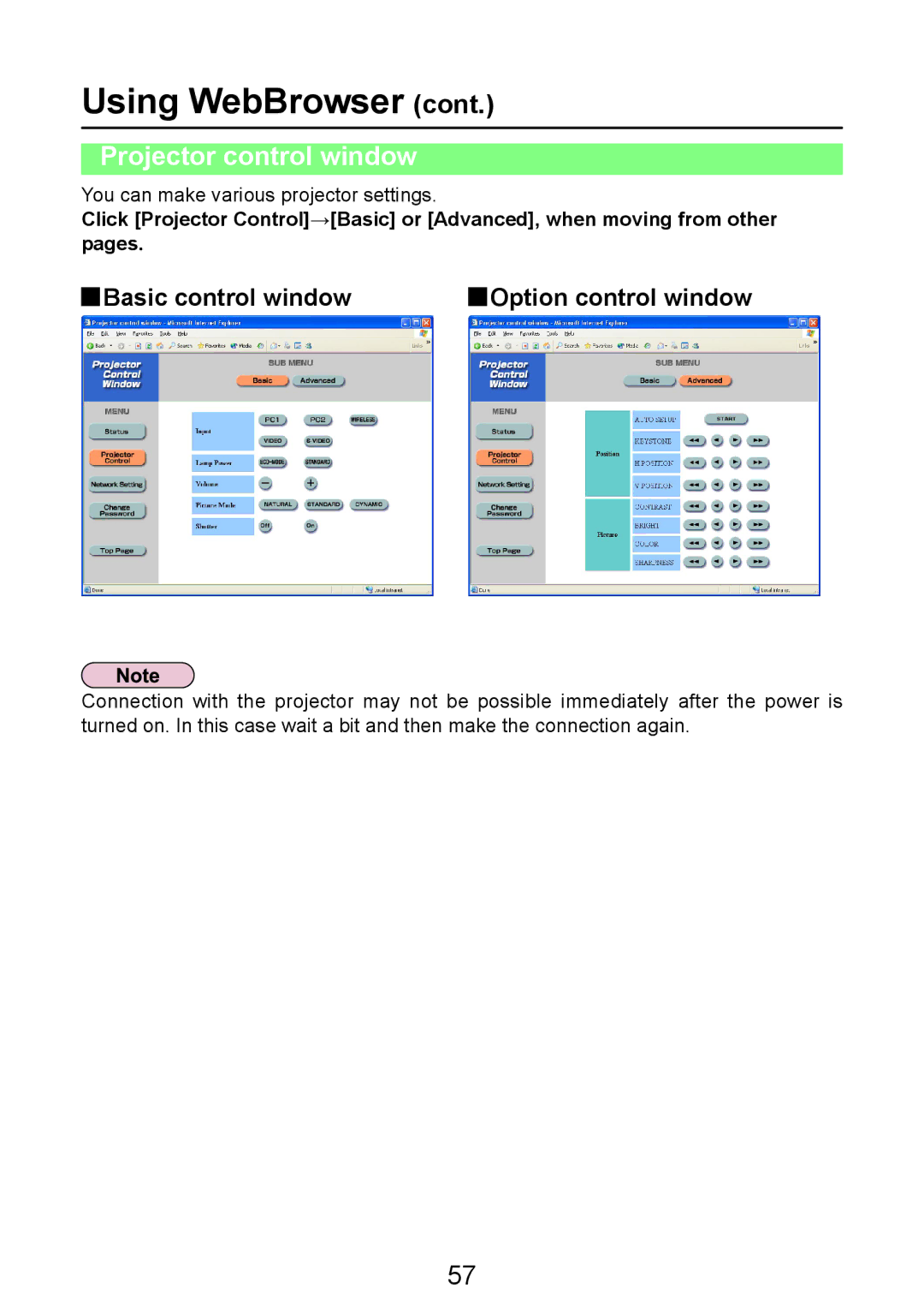 Panasonic PT-LB50NTE manual Projector control window, Basic control window Option control window 