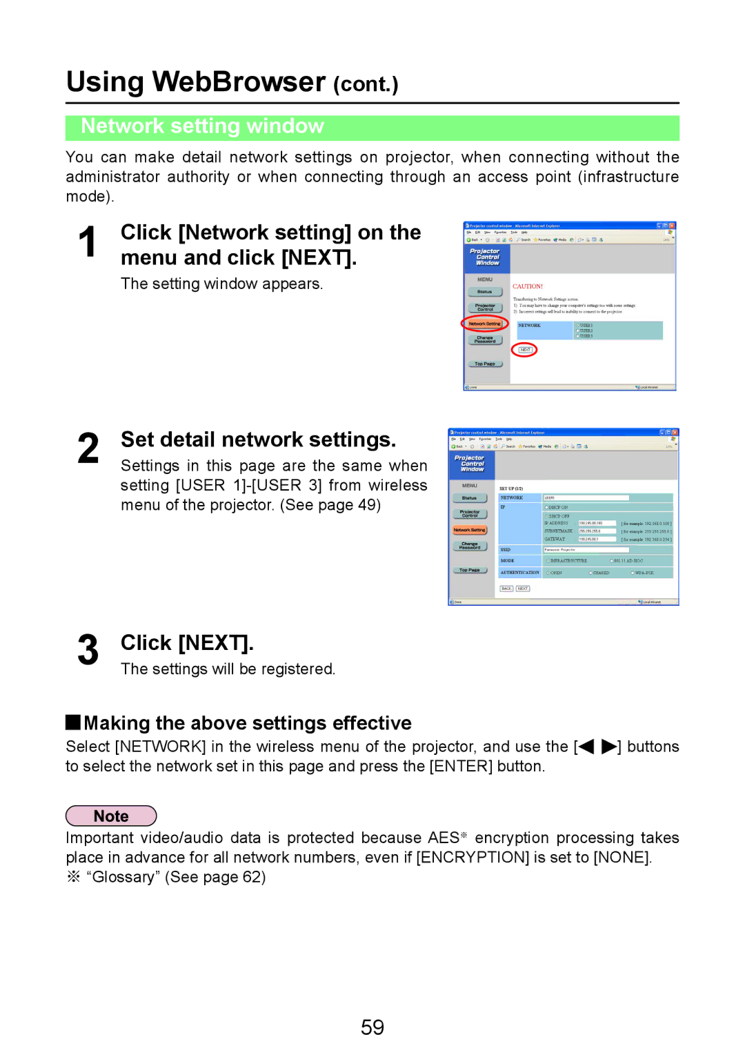 Panasonic PT-LB50NTE Network setting window, Click Network setting on the menu and click Next, Set detail network settings 