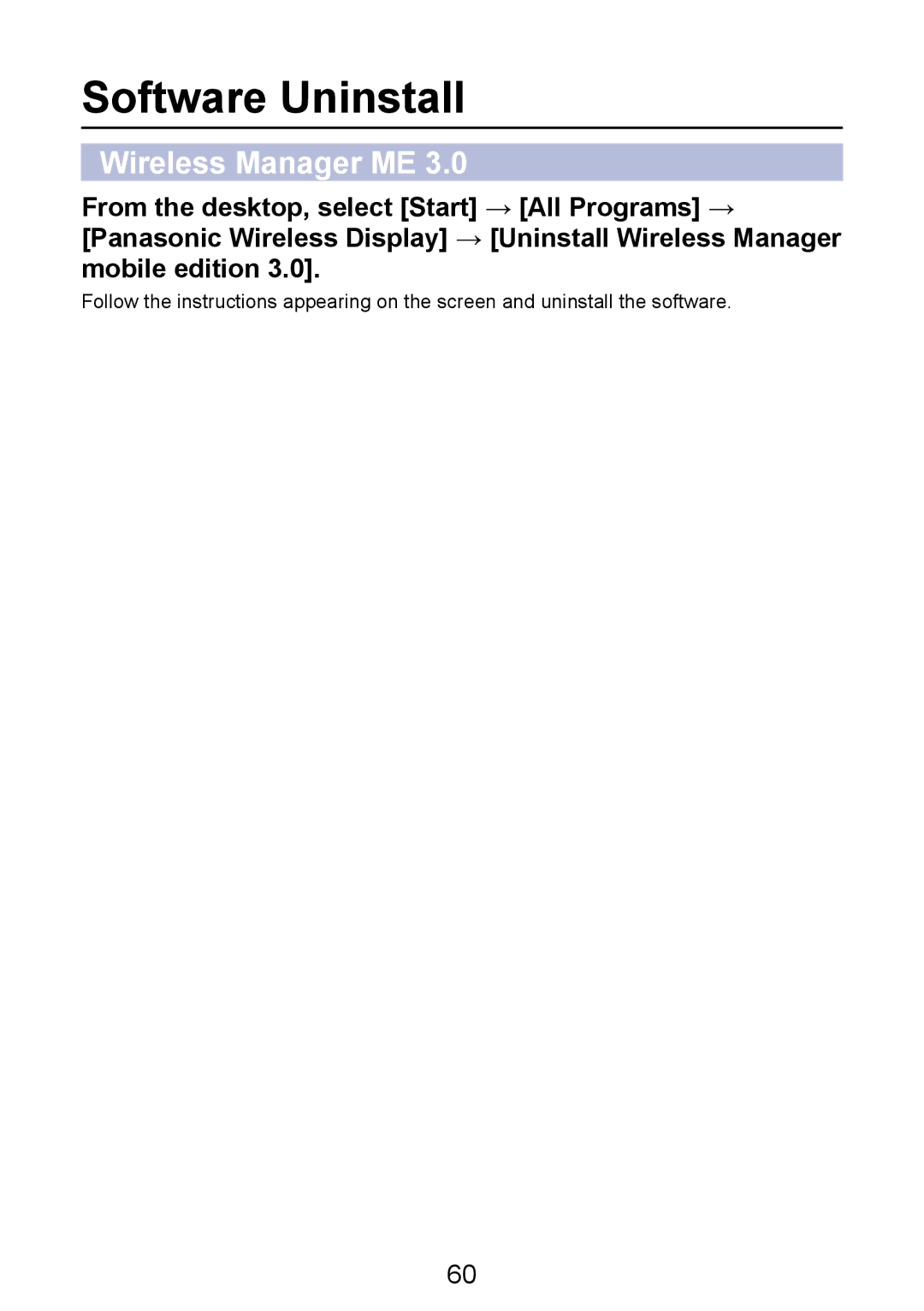 Panasonic PT-LB50NTE manual Software Uninstall, Wireless Manager ME 