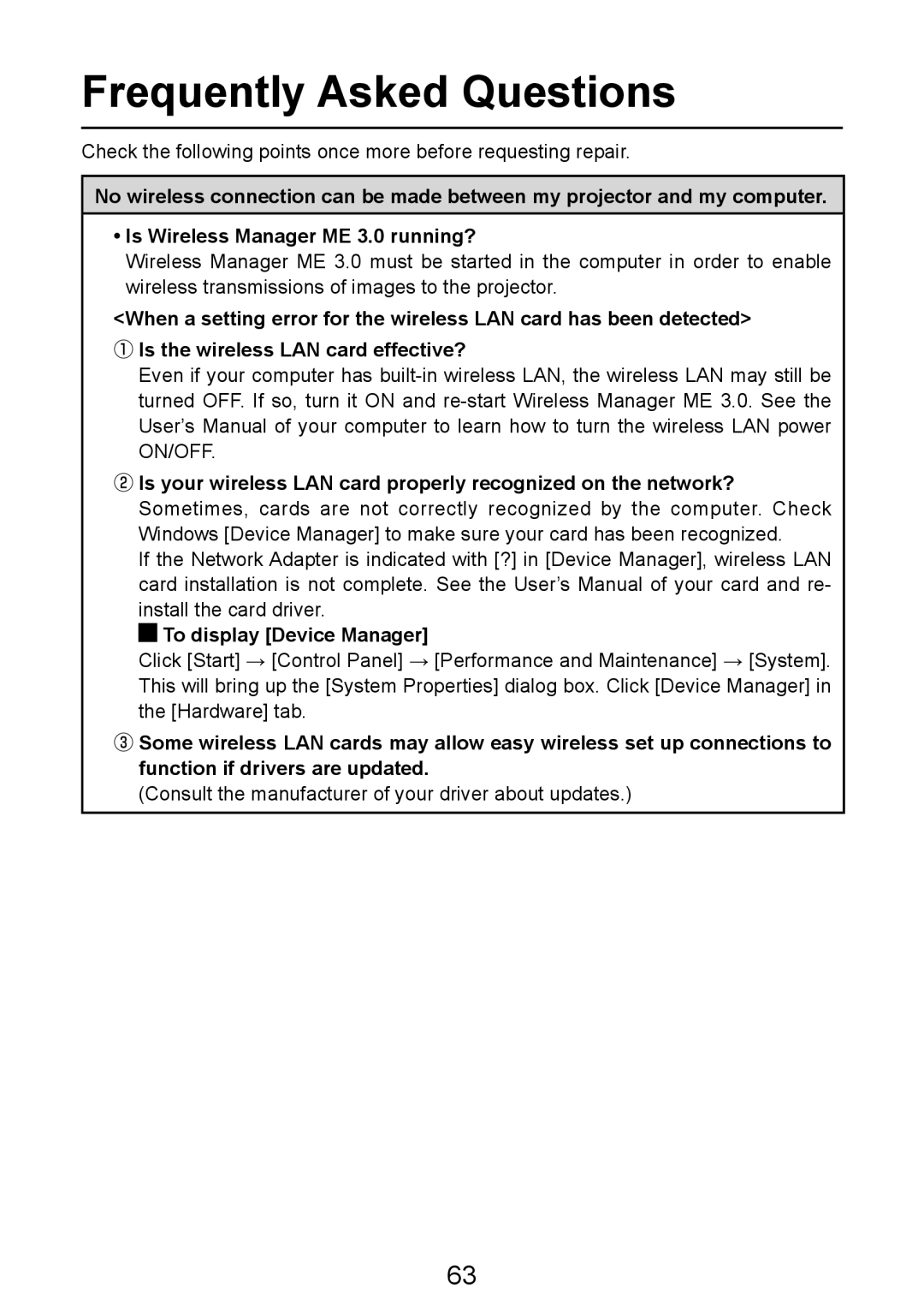 Panasonic PT-LB50NTE manual Frequently Asked Questions, To display Device Manager 