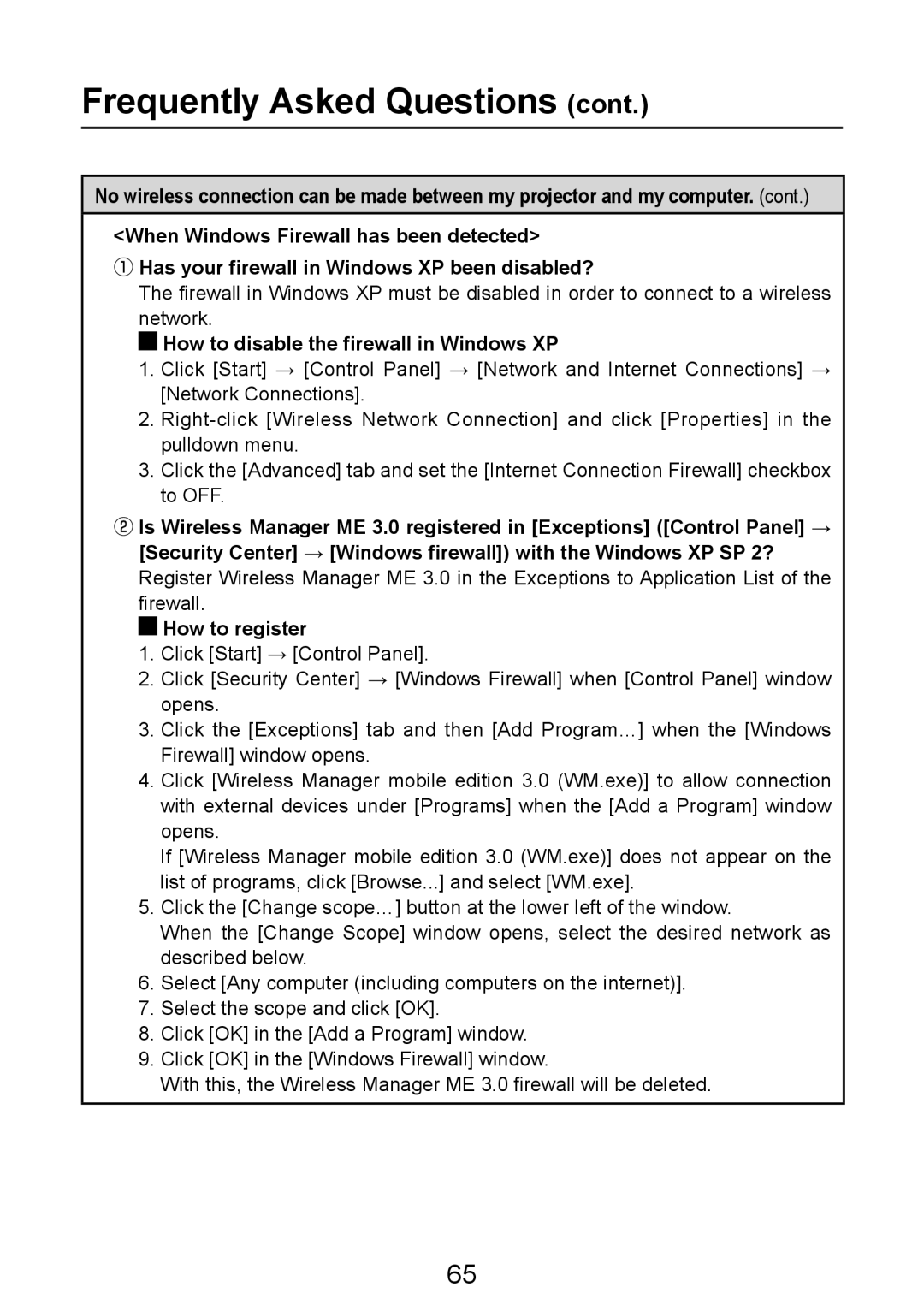 Panasonic PT-LB50NTE manual How to disable the firewall in Windows XP 