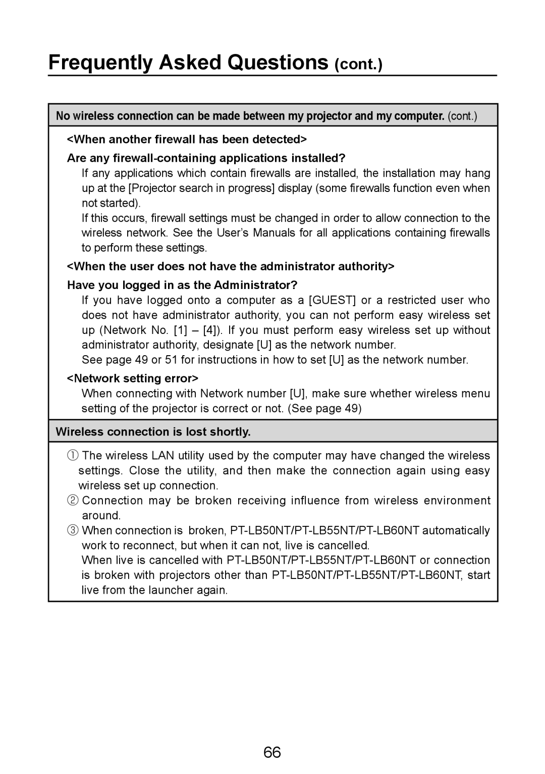 Panasonic PT-LB50NTE manual Network setting error, Wireless connection is lost shortly 