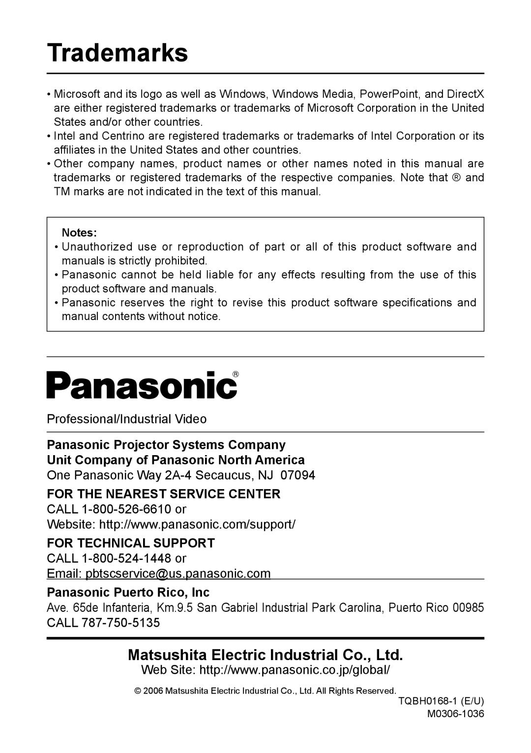 Panasonic PT-LB50NTE manual Trademarks, For Technical Support 