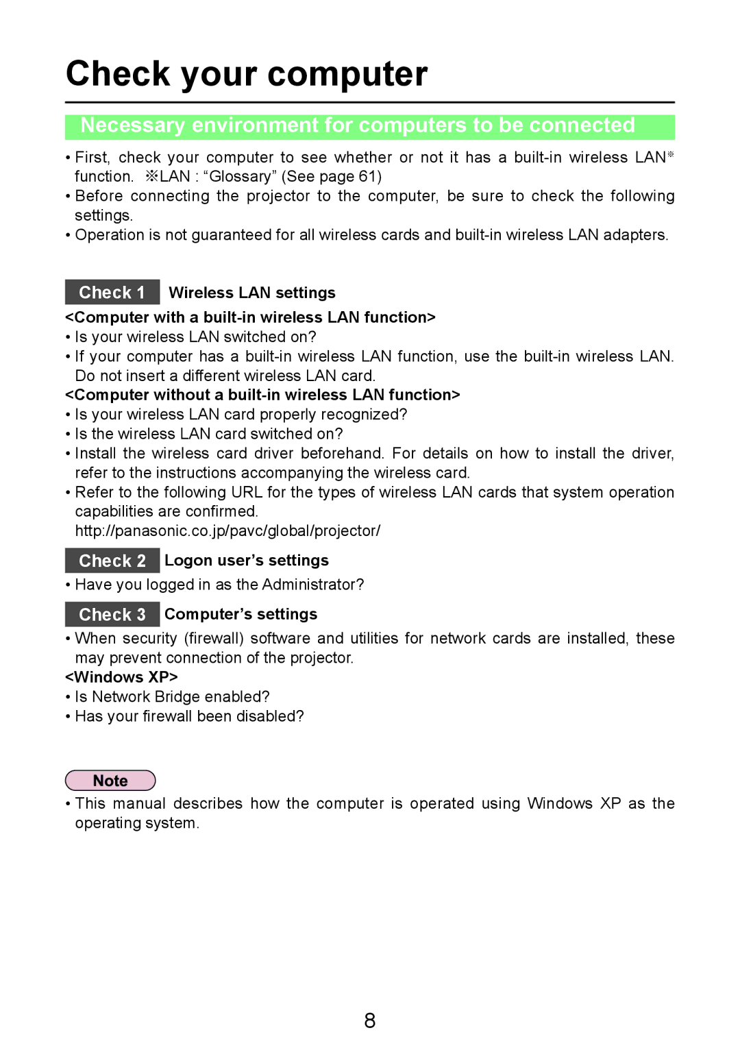 Panasonic PT-LB50NTE manual Check your computer, Necessary environment for computers to be connected 