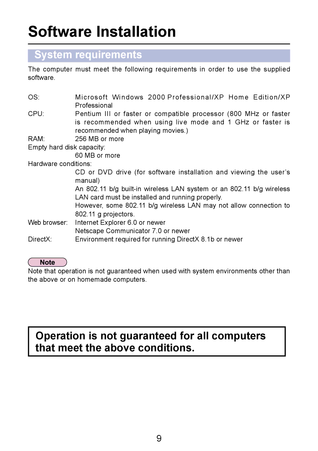 Panasonic PT-LB50NTE manual Software Installation, System requirements 