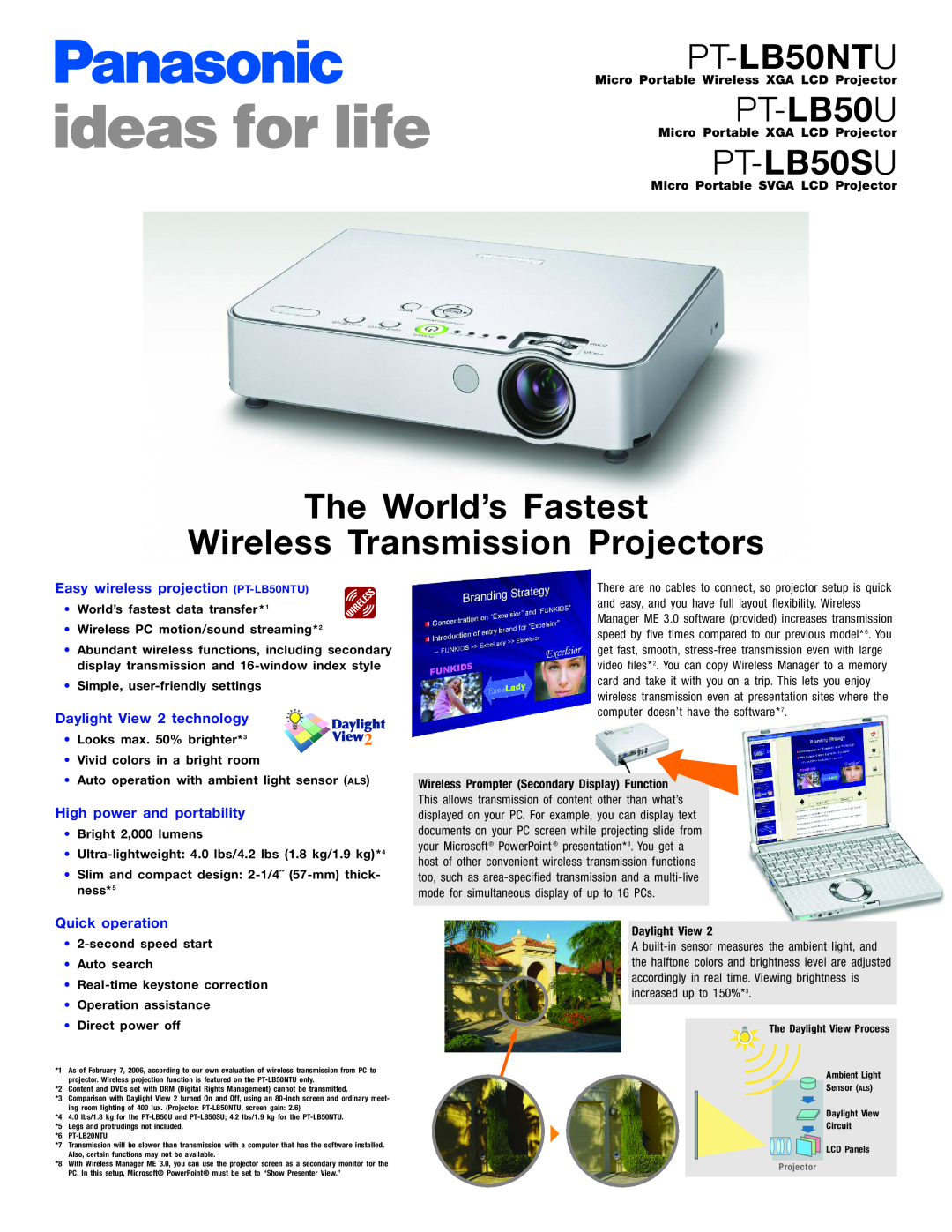 Panasonic PT-LB50NTU manual PT-LB50U, PT-LB50SU, The World’s Fastest Wireless Transmission Projectors, Quick operation 