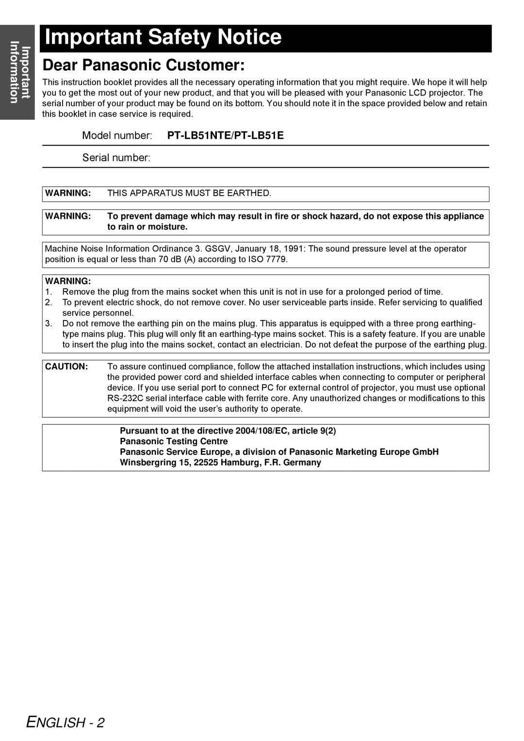 Panasonic Important Safety Notice, Model number PT-LB51NTE/PT-LB51E, This Apparatus Must be Earthed 