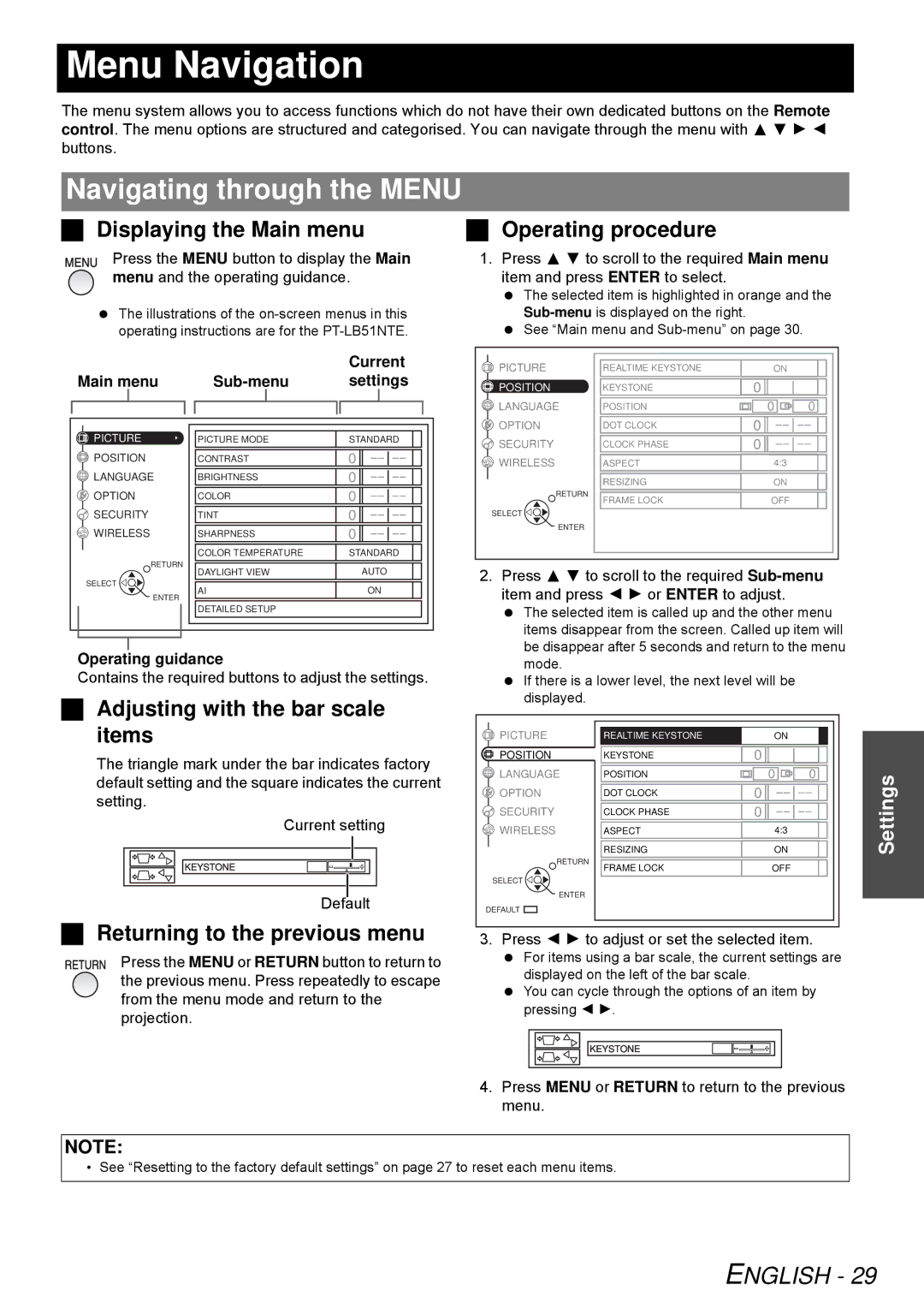 Panasonic PT-LB51E, PT-LB51NTE operating instructions Menu Navigation, Navigating through the Menu 