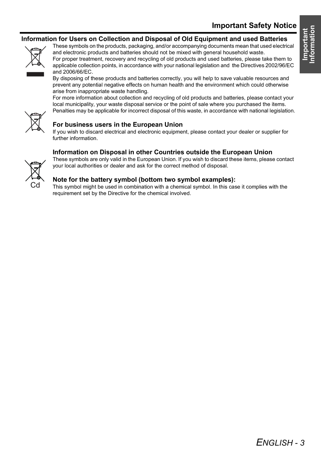 Panasonic PT-LB51E, PT-LB51NTE operating instructions Important Safety Notice, For business users in the European Union 