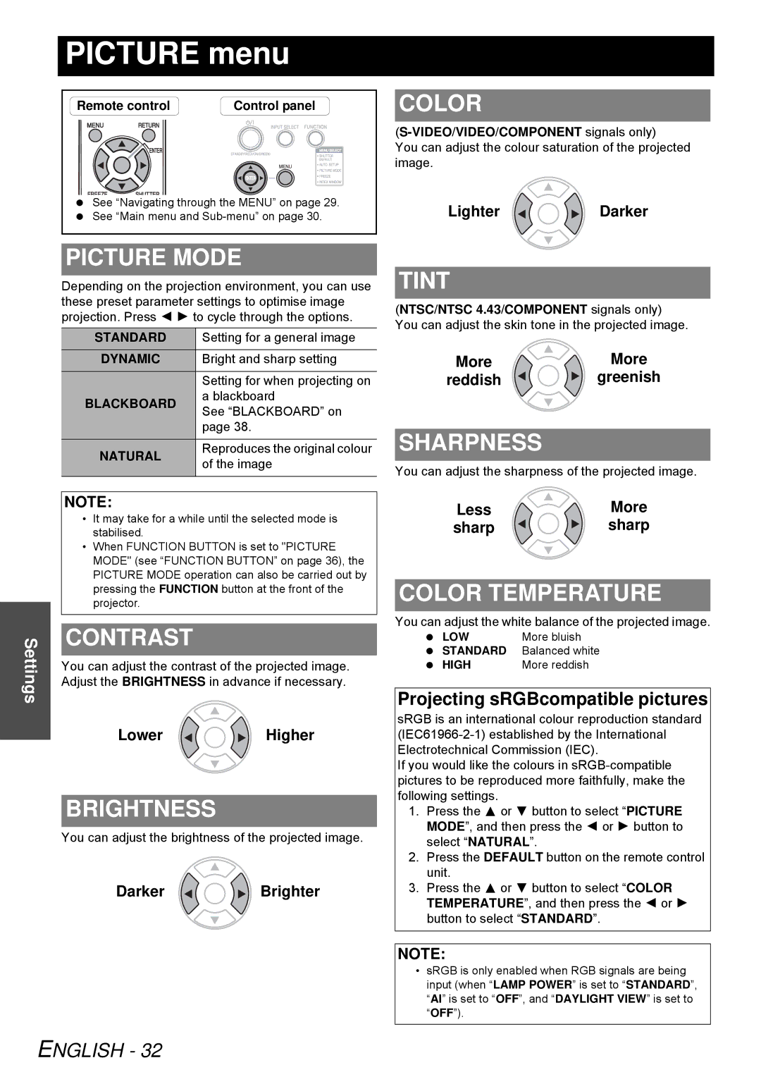 Panasonic PT-LB51NTE, PT-LB51E operating instructions Picture menu 