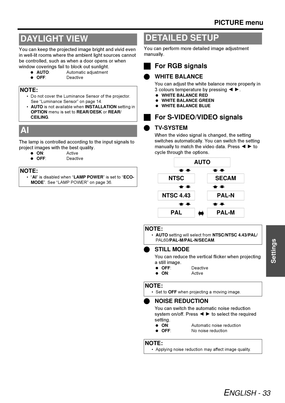 Panasonic PT-LB51E, PT-LB51NTE Daylight View, Detailed Setup, Picture menu, For RGB signals, For S-VIDEO/VIDEO signals 