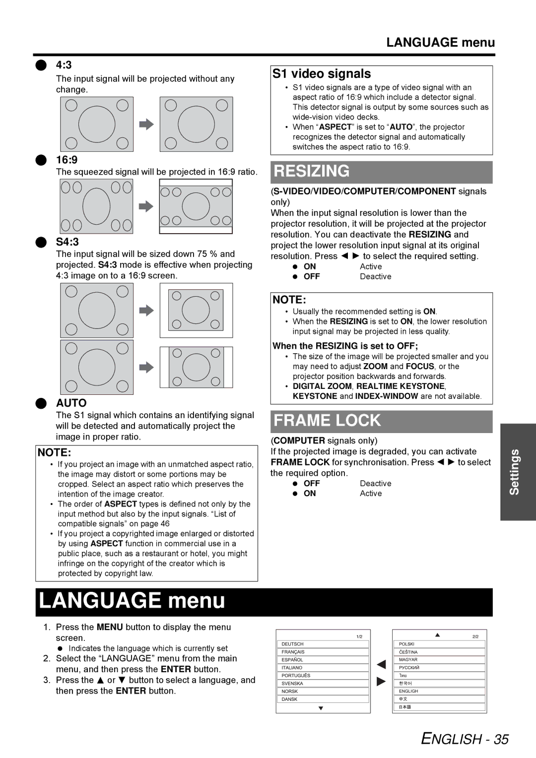 Panasonic PT-LB51E, PT-LB51NTE operating instructions Language menu, Resizing, Frame Lock, S1 video signals, S43 