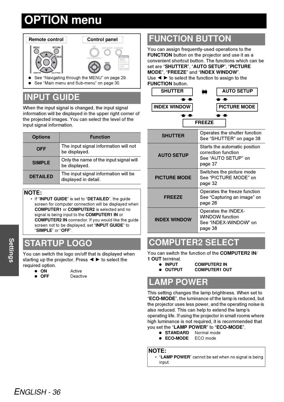 Panasonic PT-LB51NTE, PT-LB51E operating instructions Option menu 