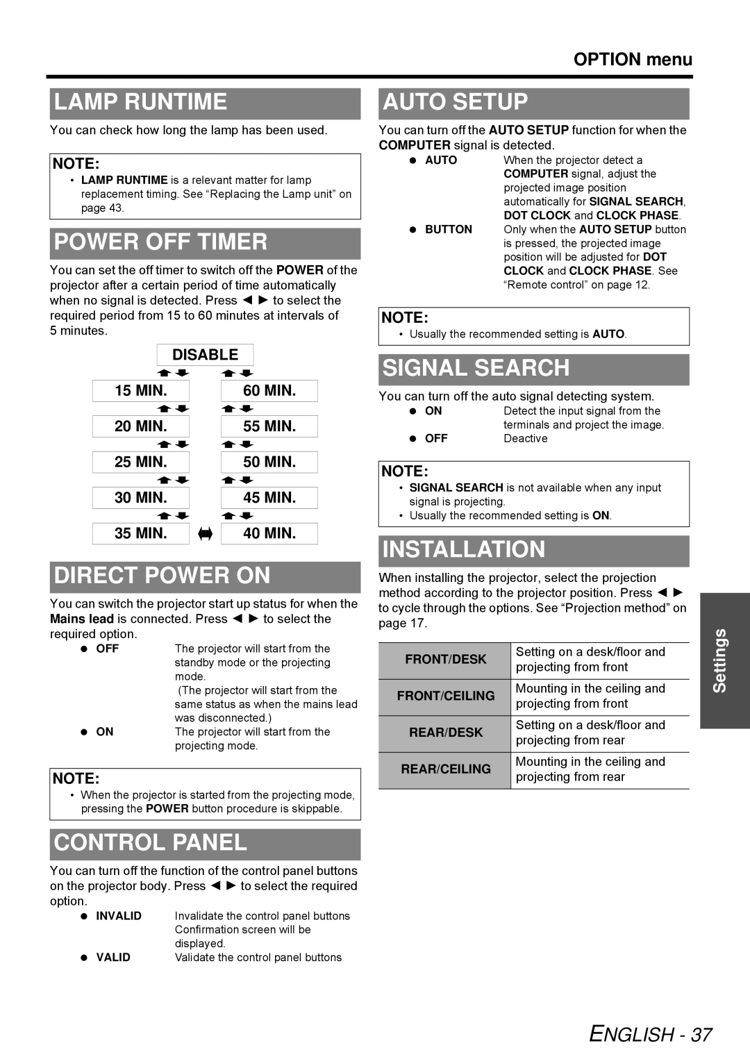 Panasonic PT-LB51E Lamp Runtime, Power OFF Timer, Auto Setup, Signal Search, Direct Power on, Control Panel, Installation 