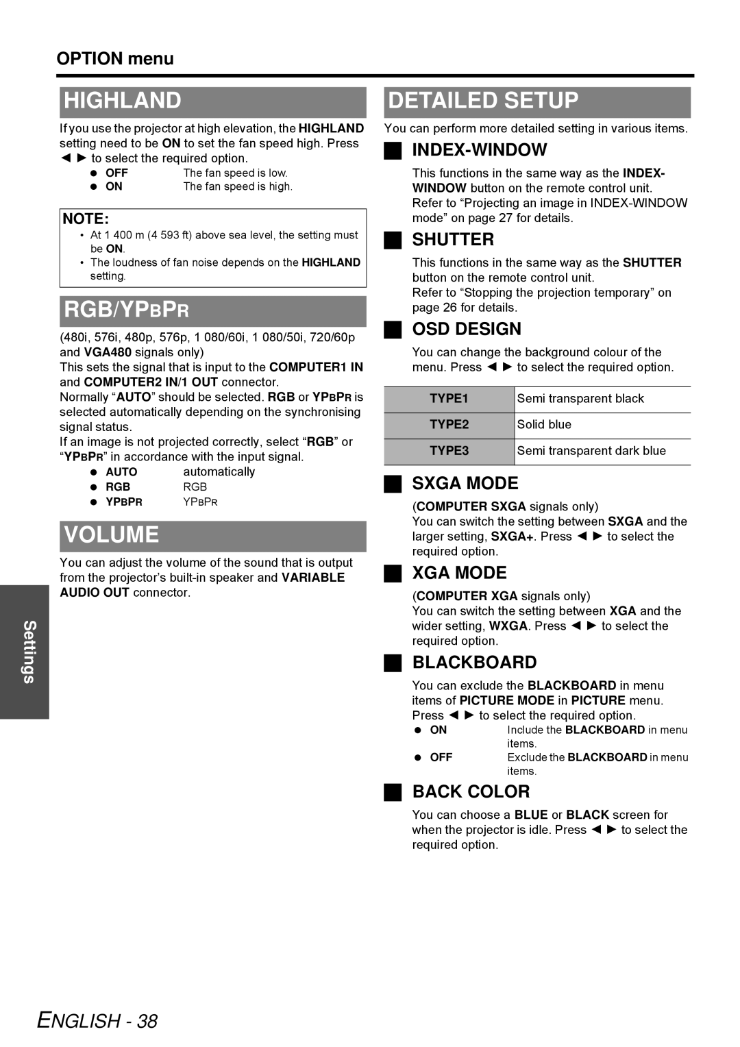 Panasonic PT-LB51NTE Highland, You can perform more detailed setting in various items, Semi transparent black, Solid blue 