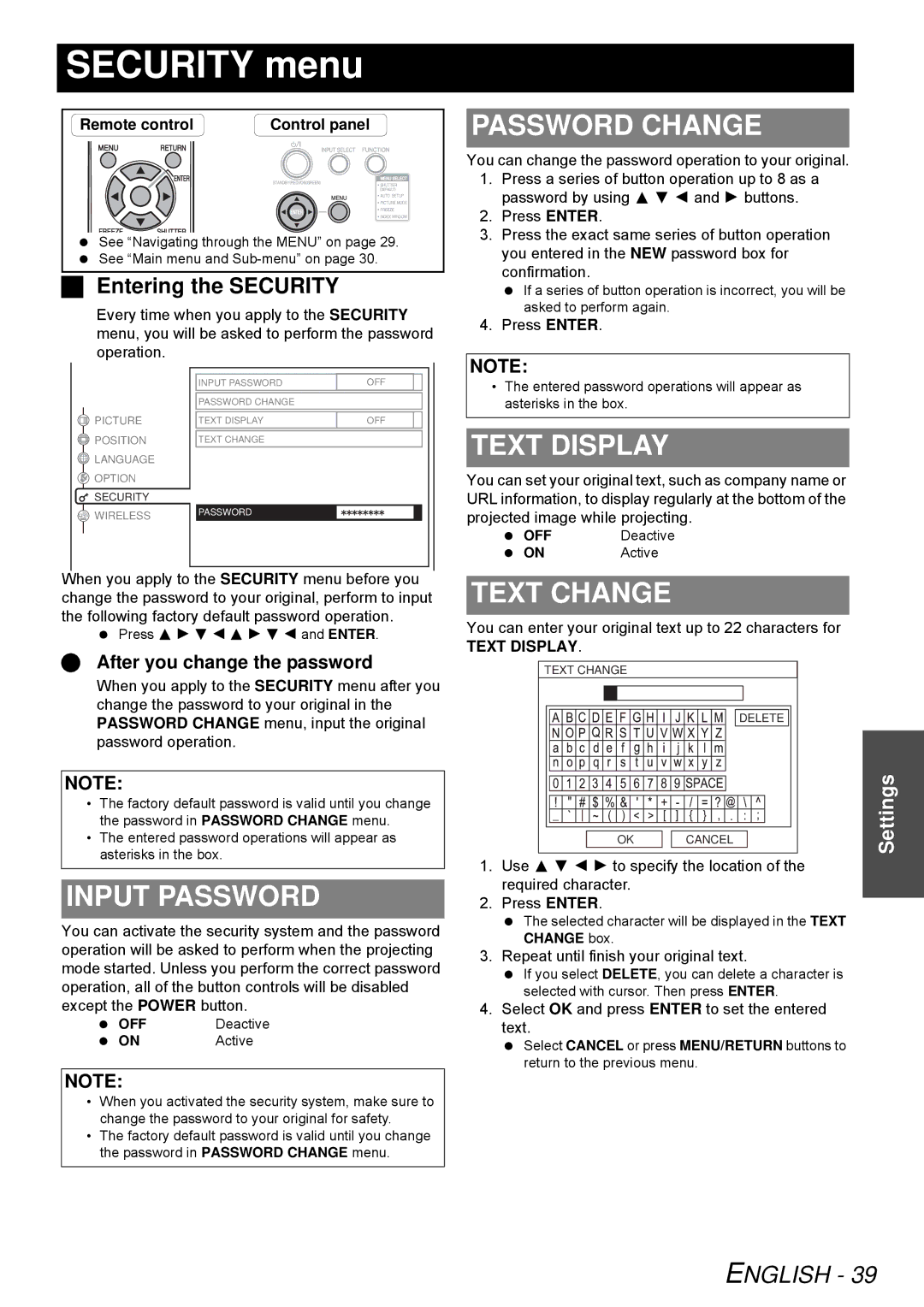 Panasonic PT-LB51E, PT-LB51NTE Security menu, Password Change, Text Display, Input Password, Text Change 