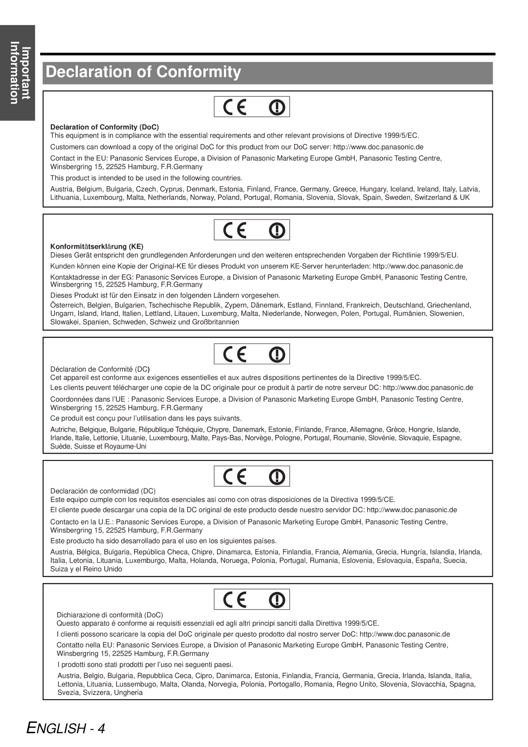 Panasonic PT-LB51NTE, PT-LB51E operating instructions Declaration of Conformity DoC 