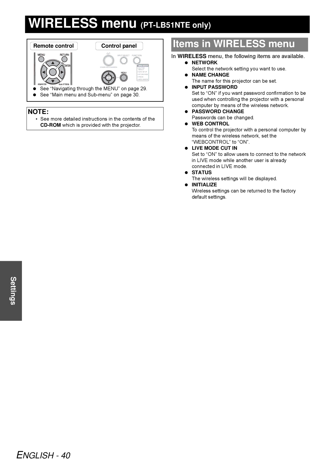 Panasonic PT-LB51NTE, PT-LB51E Items in Wireless menu, Wireless menu, the following items are available 