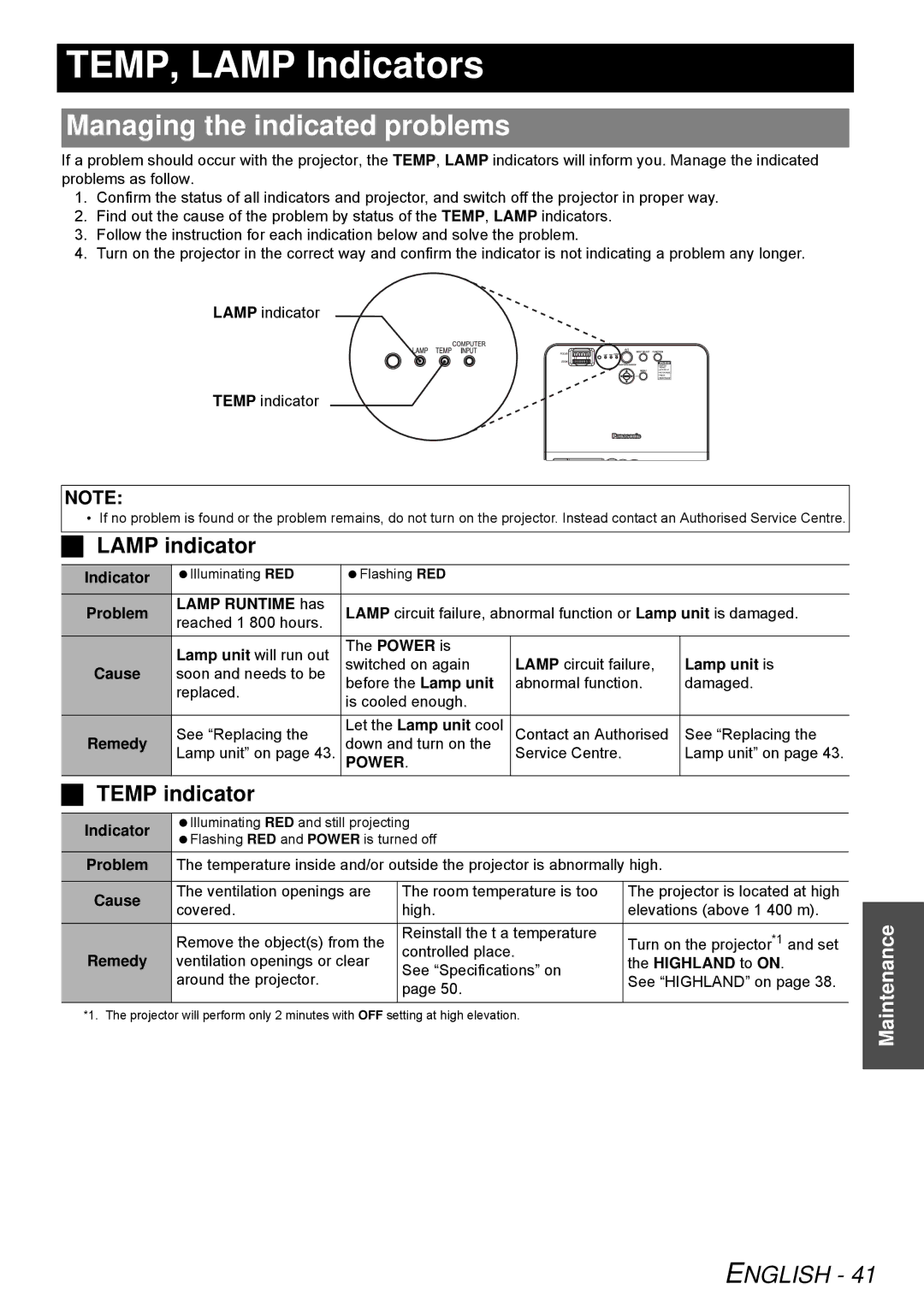 Panasonic PT-LB51E TEMP, Lamp Indicators, Managing the indicated problems, Lamp indicator, Temp indicator, Power 