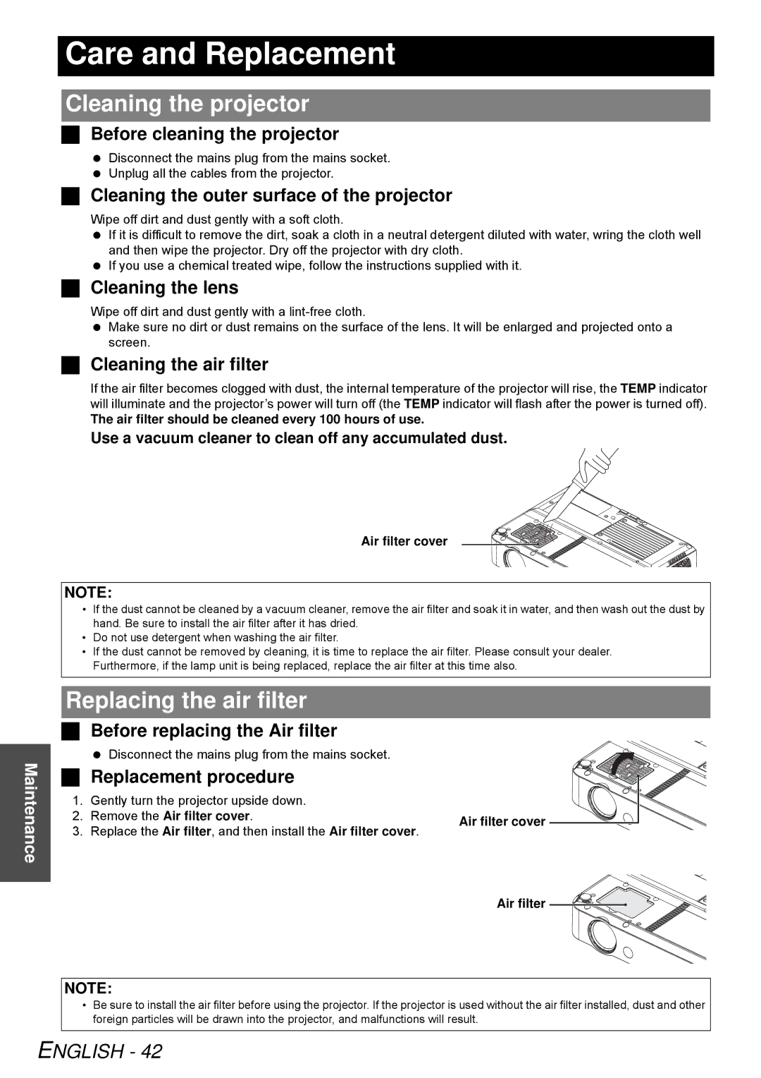 Panasonic PT-LB51NTE, PT-LB51E operating instructions Care and Replacement, Cleaning the projector, Replacing the air filter 