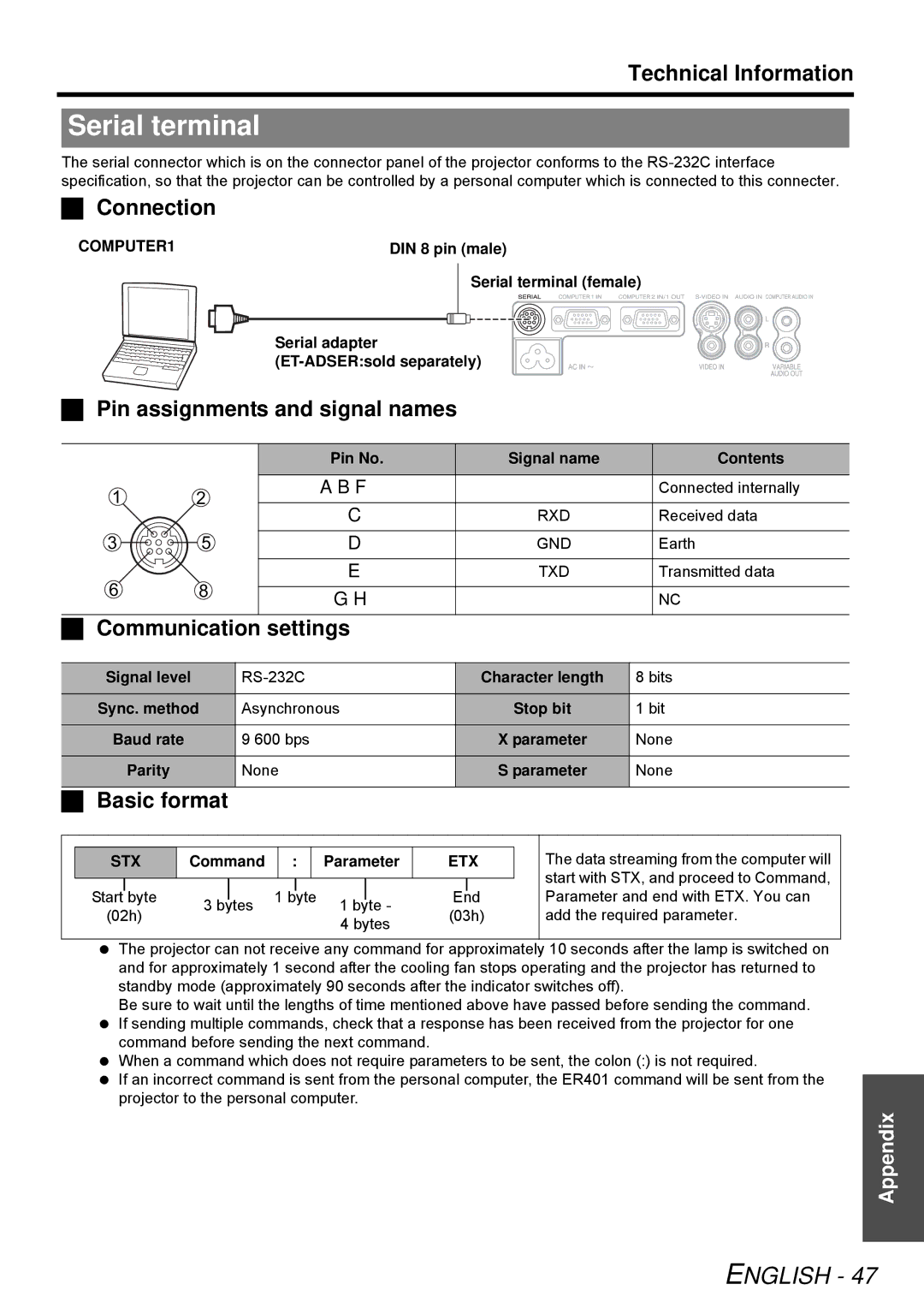 Panasonic PT-LB51E, PT-LB51NTE operating instructions Serial terminal 