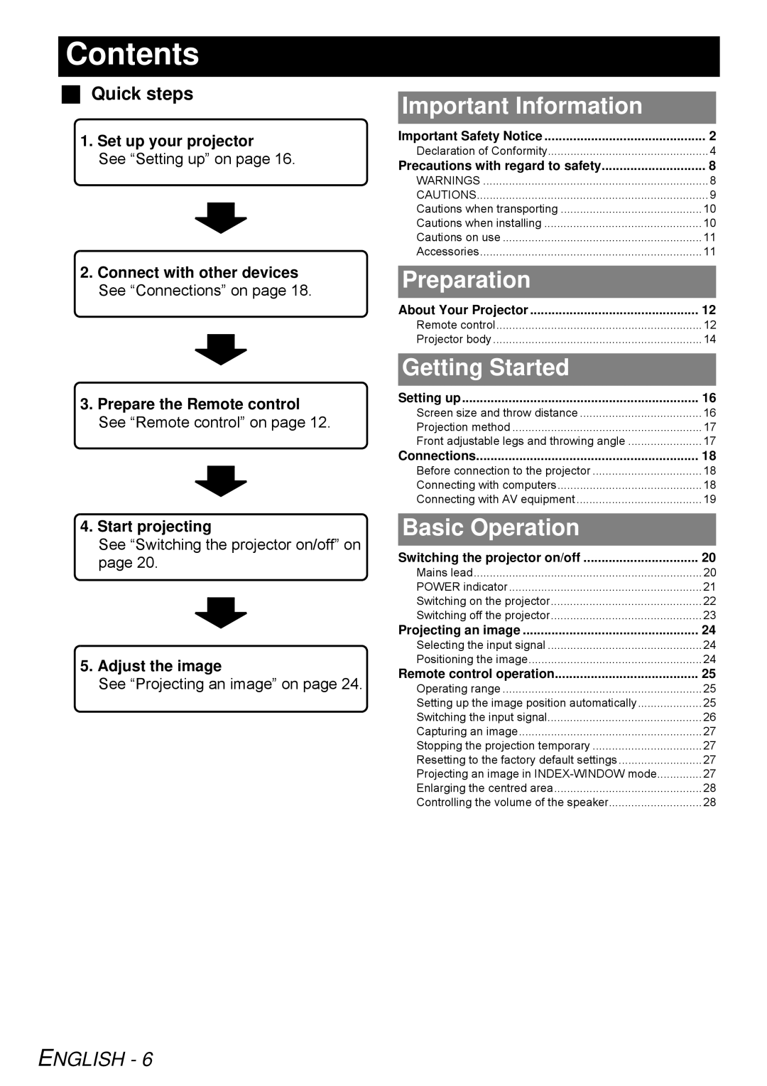 Panasonic PT-LB51NTE, PT-LB51E operating instructions Contents 