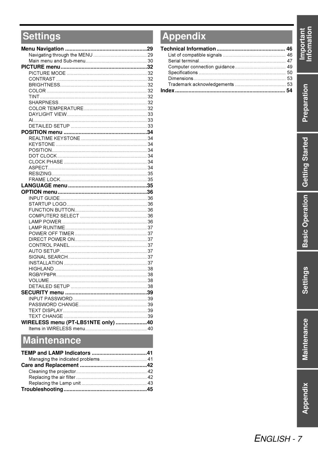 Panasonic PT-LB51E, PT-LB51NTE operating instructions Settings, Maintenance, Appendix 