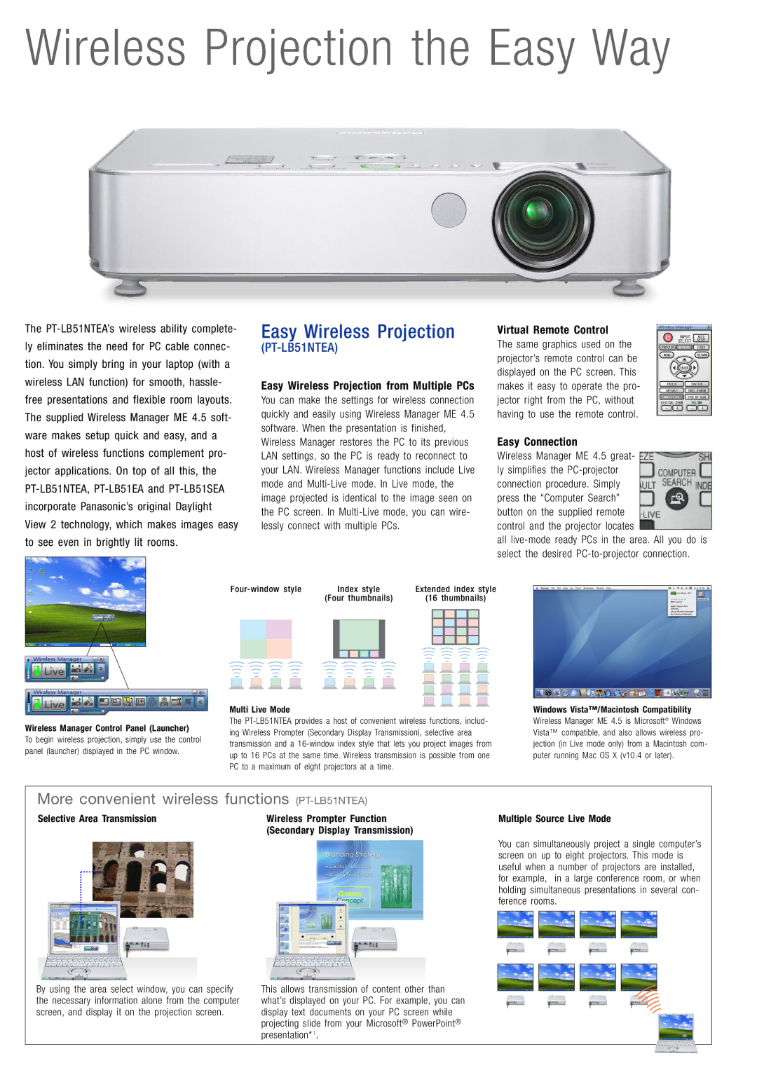 Panasonic PT-LB51 Series, PT-LB51NTEA Easy Wireless Projection from Multiple PCs, Virtual Remote Control, Easy Connection 