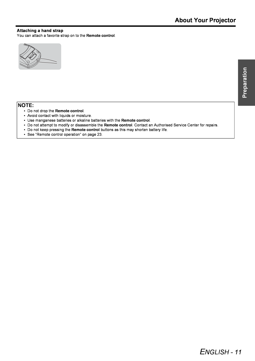 Panasonic PT-LB51NTU operating instructions About Your Projector, English, Preparation, Attaching a hand strap 