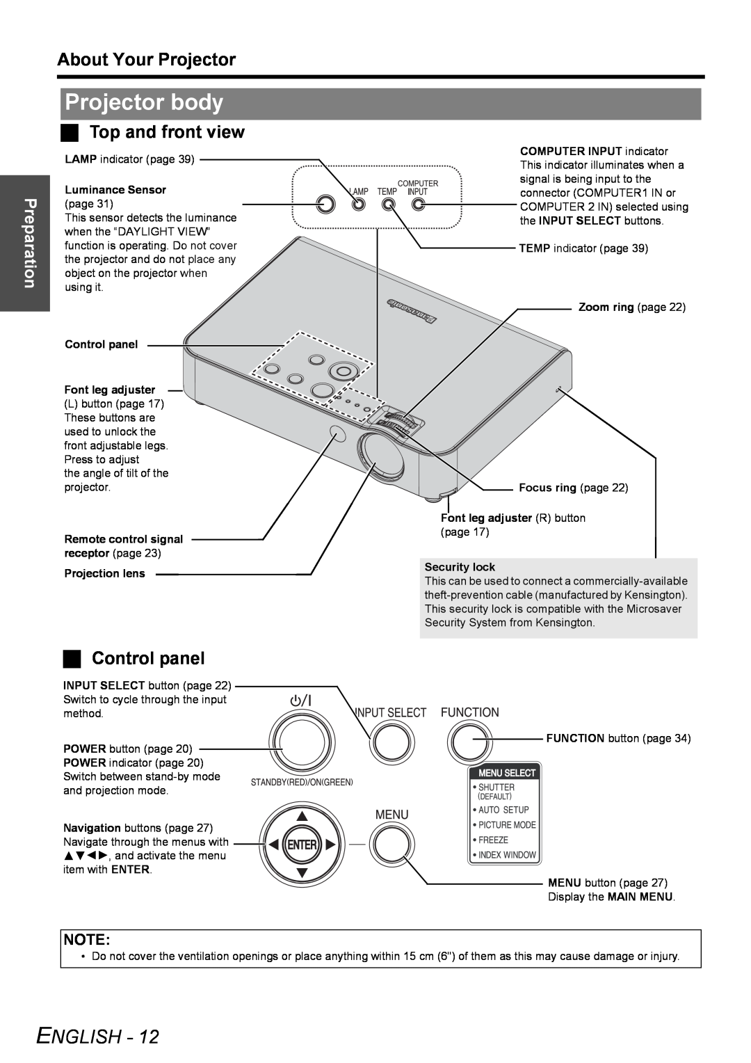 Panasonic PT-LB51NTU Projector body, Top and front view, Control panel, English, About Your Projector, Preparation 