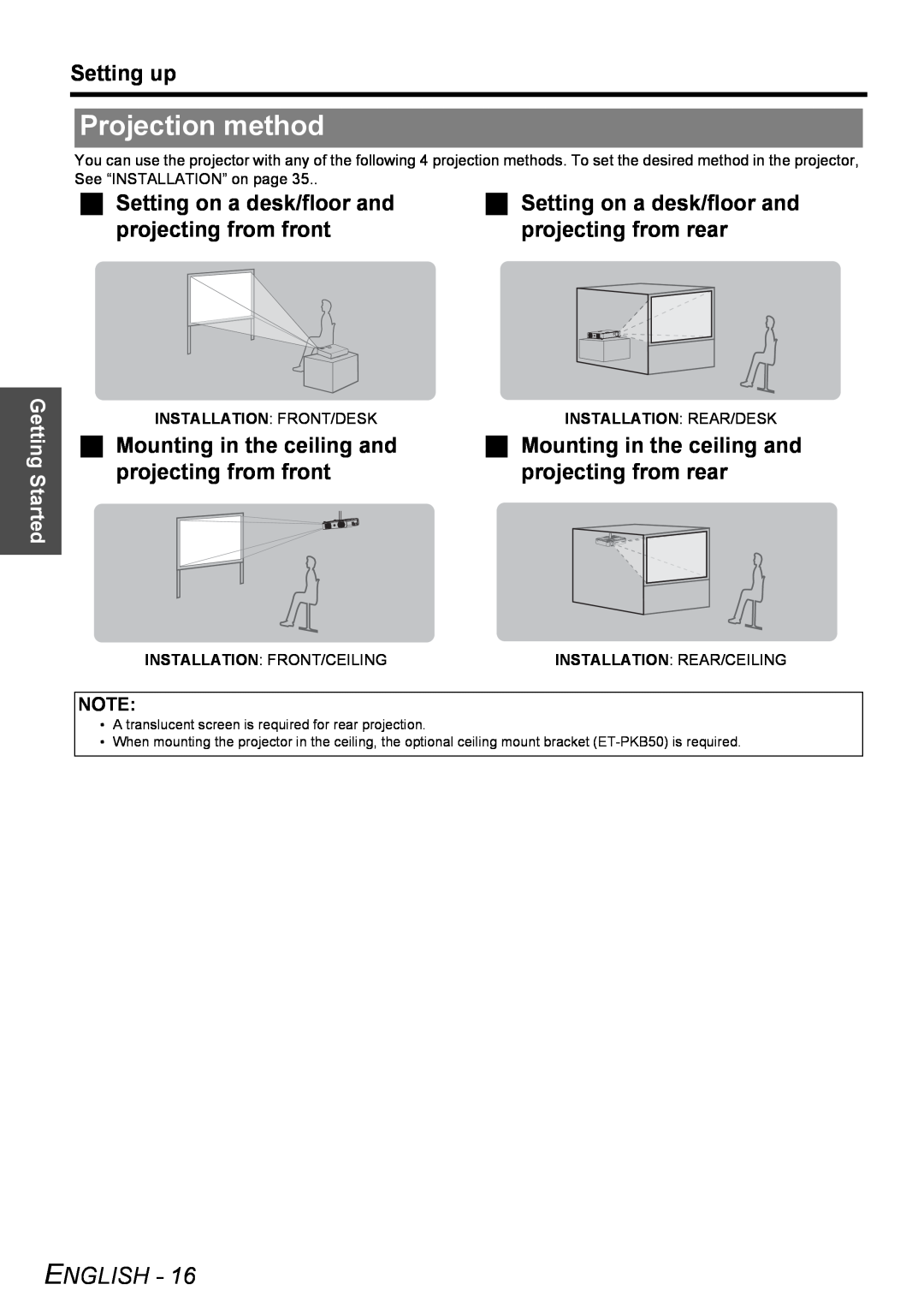 Panasonic PT-LB51NTU Projection method, Setting up, Setting on a desk/floor and projecting from front, English 