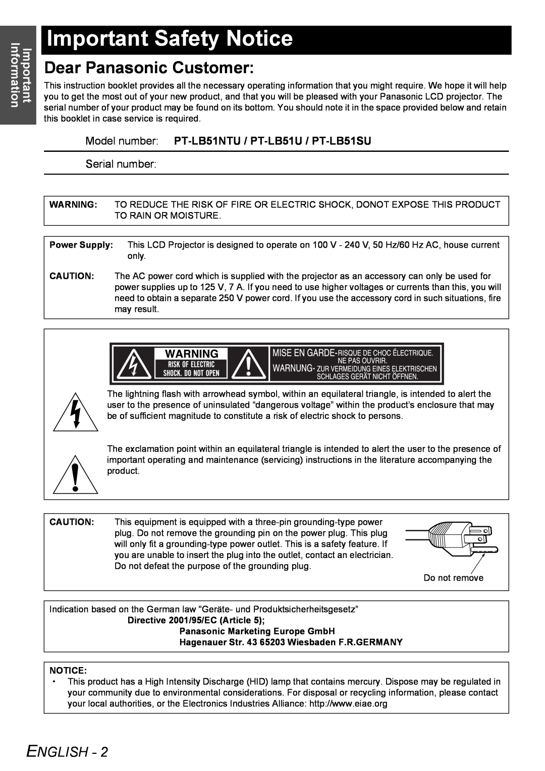 Panasonic PT-LB51NTU Important Safety Notice, Dear Panasonic Customer, English, Important Information 