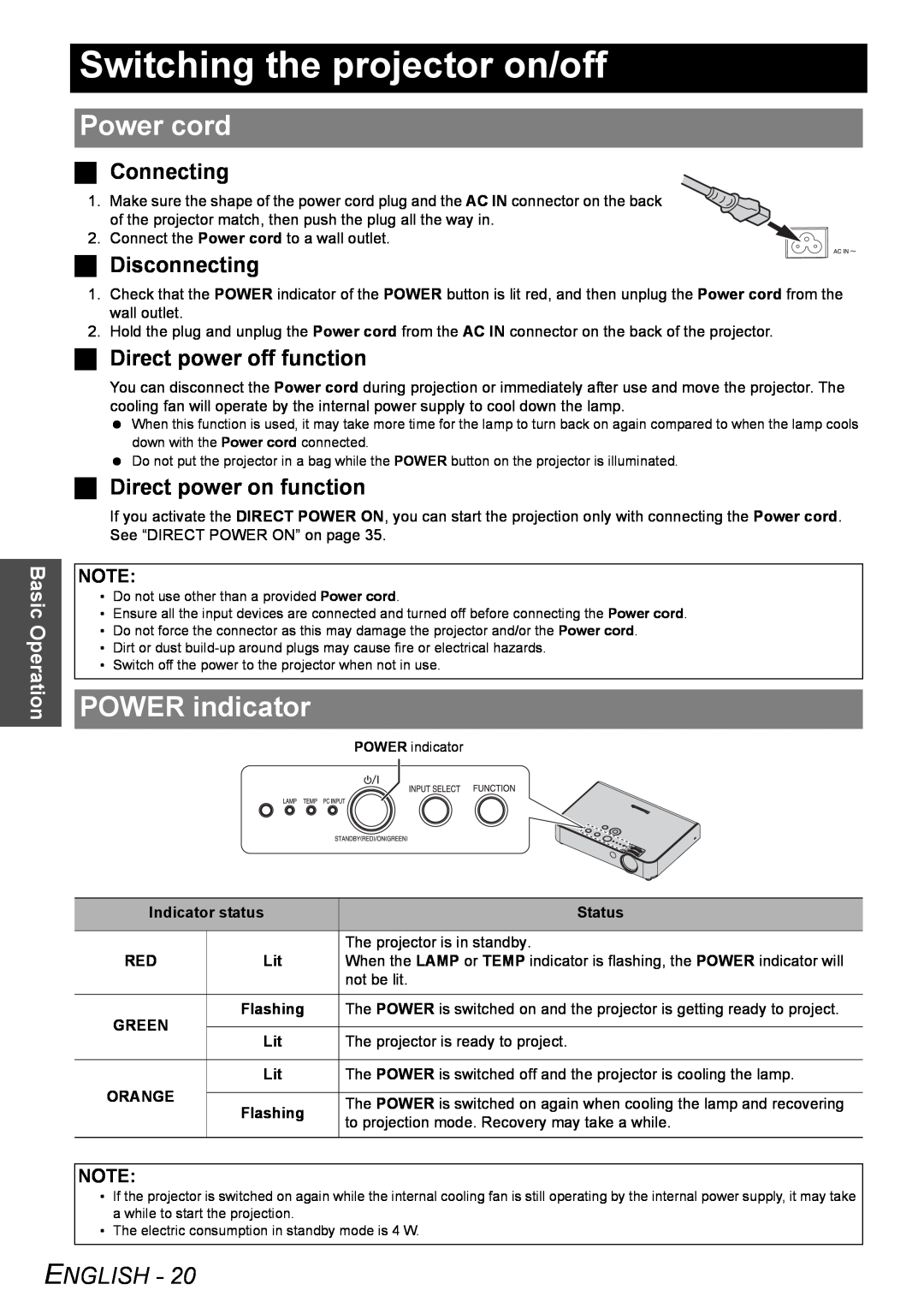 Panasonic PT-LB51NTU Switching the projector on/off, Power cord, POWER indicator, Connecting, Disconnecting, English 