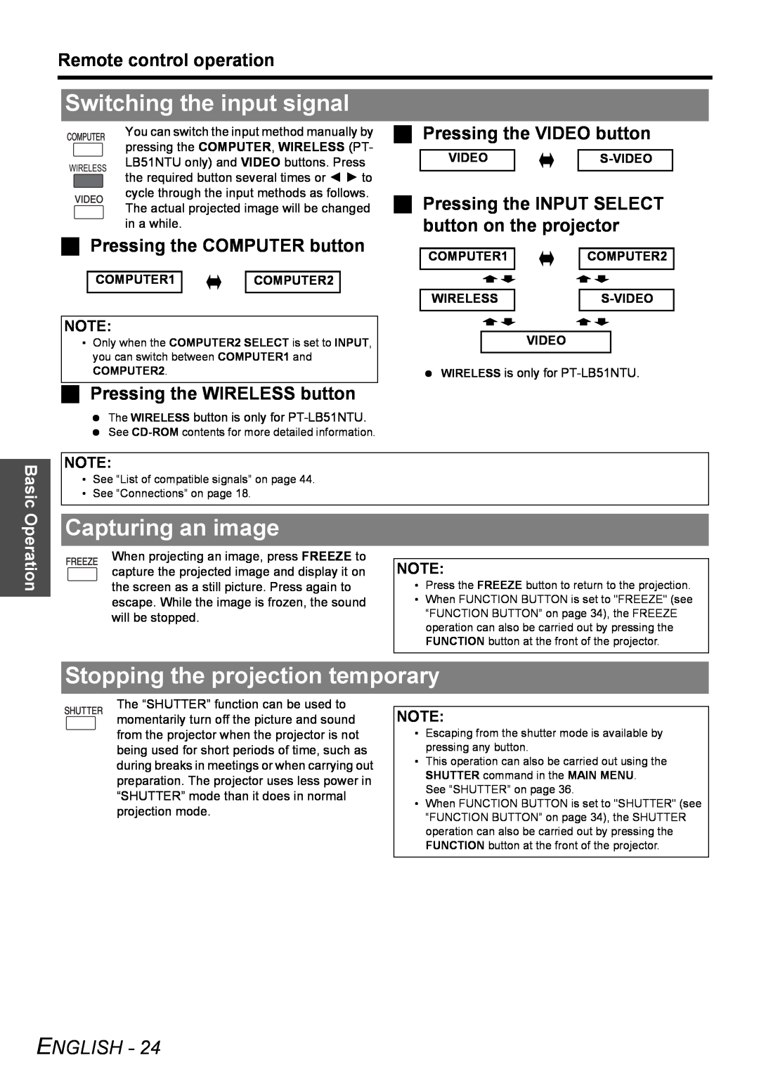 Panasonic PT-LB51NTU Switching the input signal, Capturing an image, Stopping the projection temporary, Operation, English 