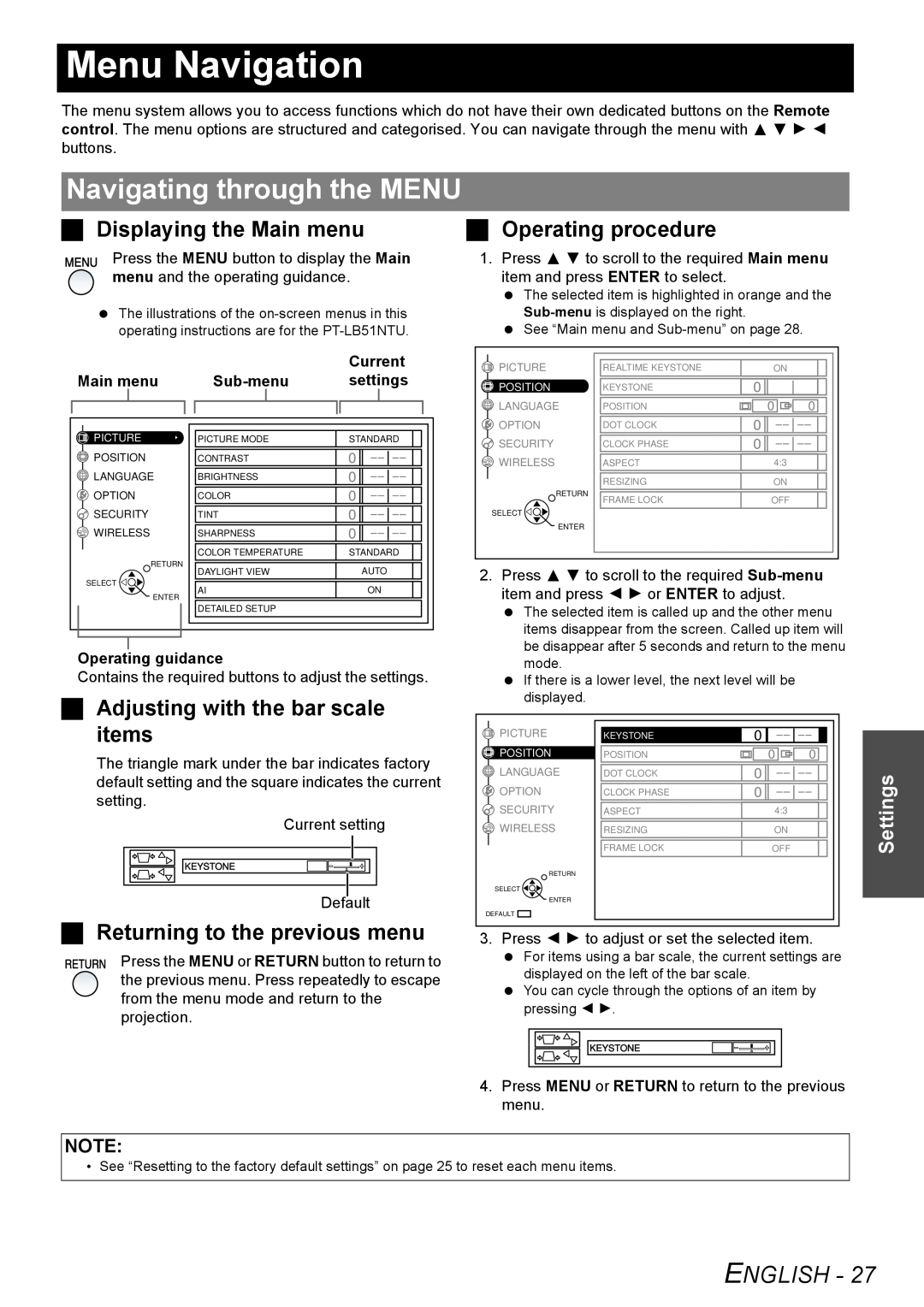 Panasonic PT-LB51NTU Menu Navigation, Navigating through the MENU, Displaying the Main menu, Operating procedure, items 