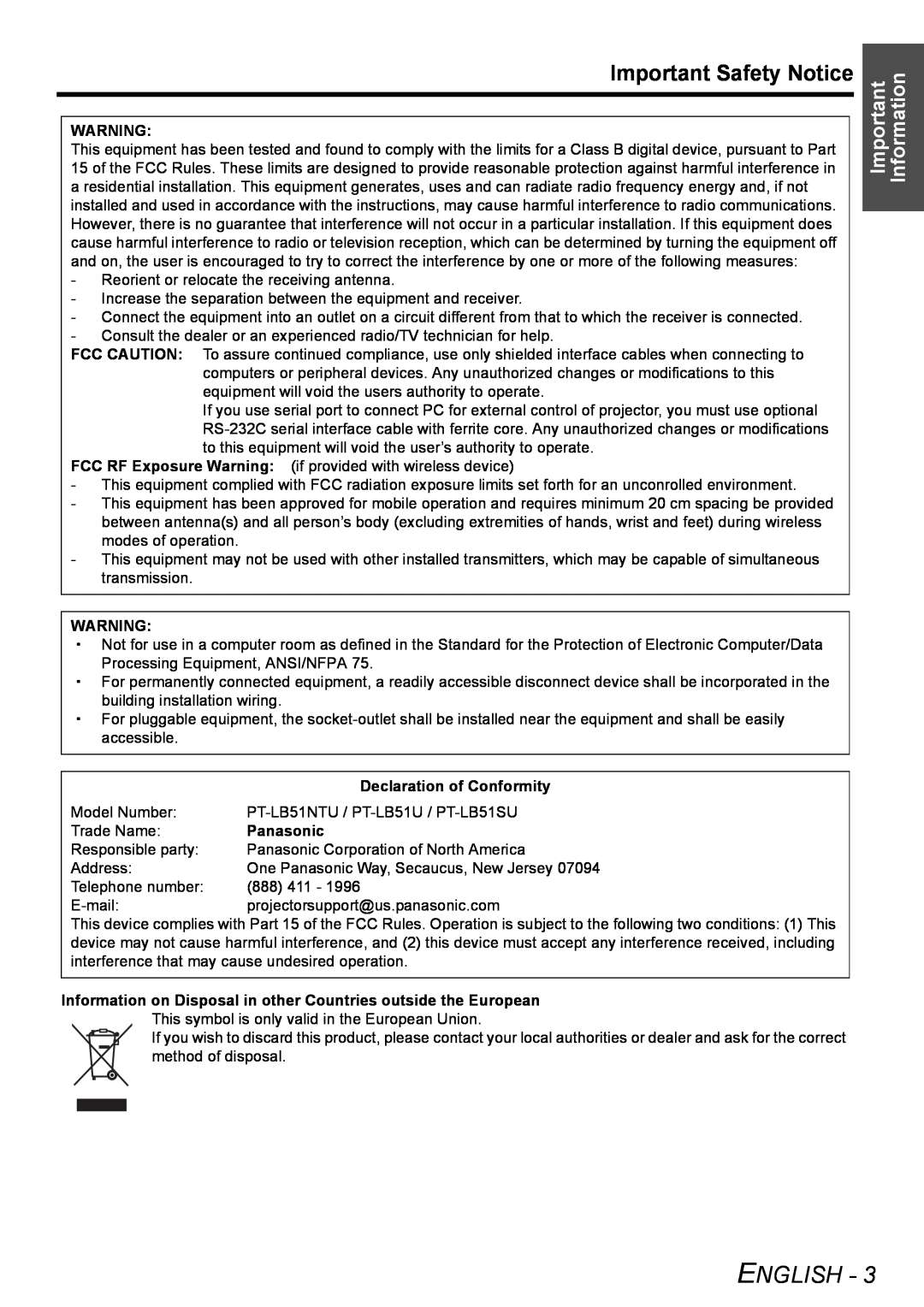 Panasonic PT-LB51NTU Important Safety Notice, English, Important Information, Declaration of Conformity, Panasonic 